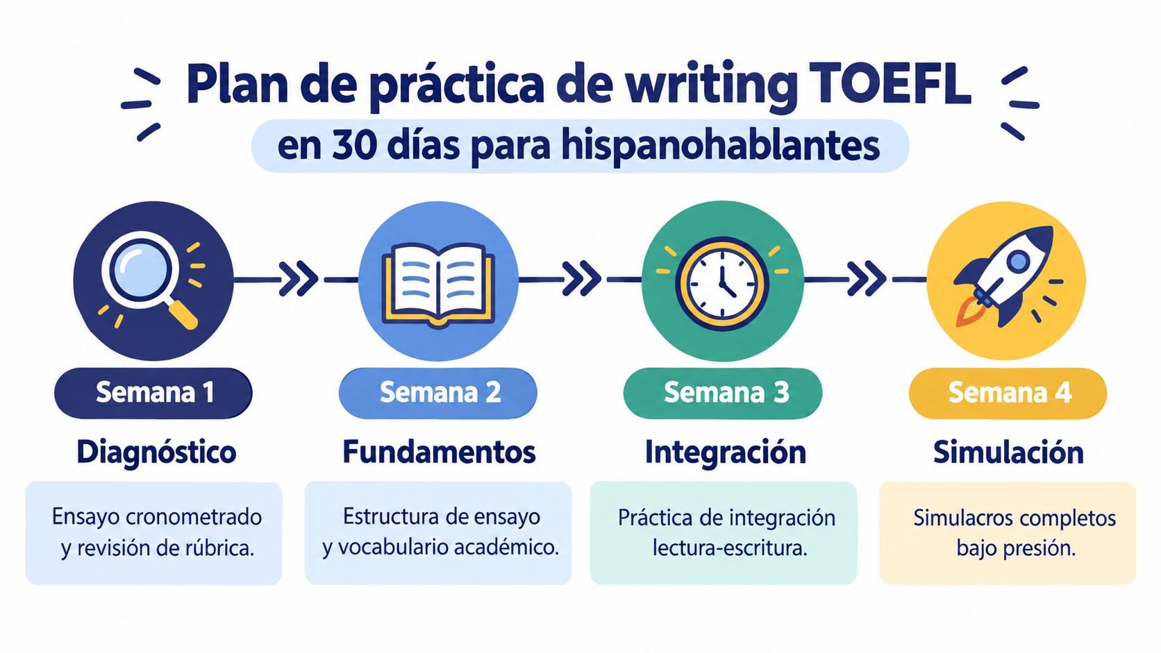 Un infográfico que presenta un plan de estudio de escritura para el examen TOEFL en cuatro semanas.