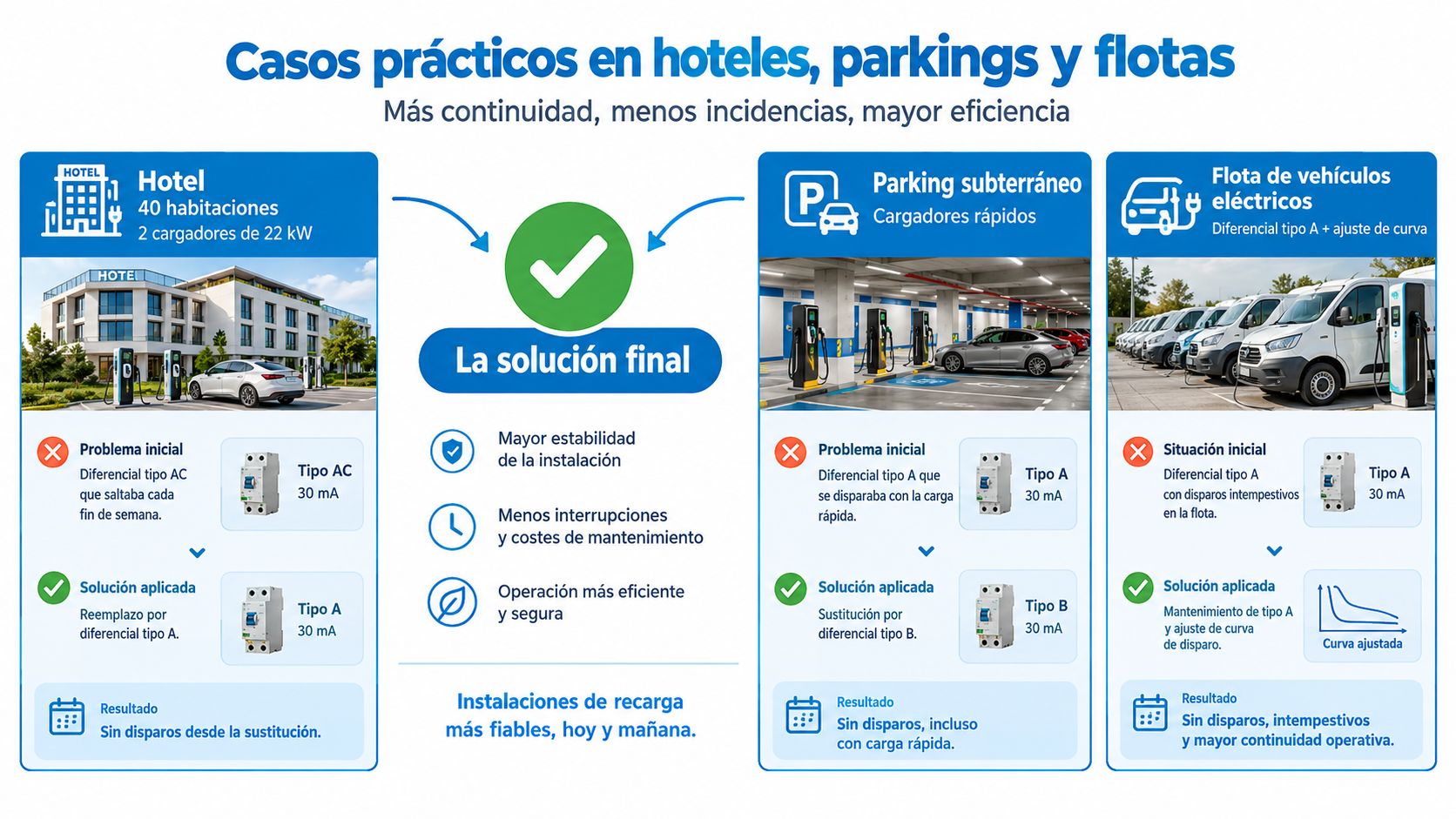 Infografía sobre soluciones técnicas mediante protecciones diferenciales para mejorar la fiabilidad en estaciones de carga eléctrica.