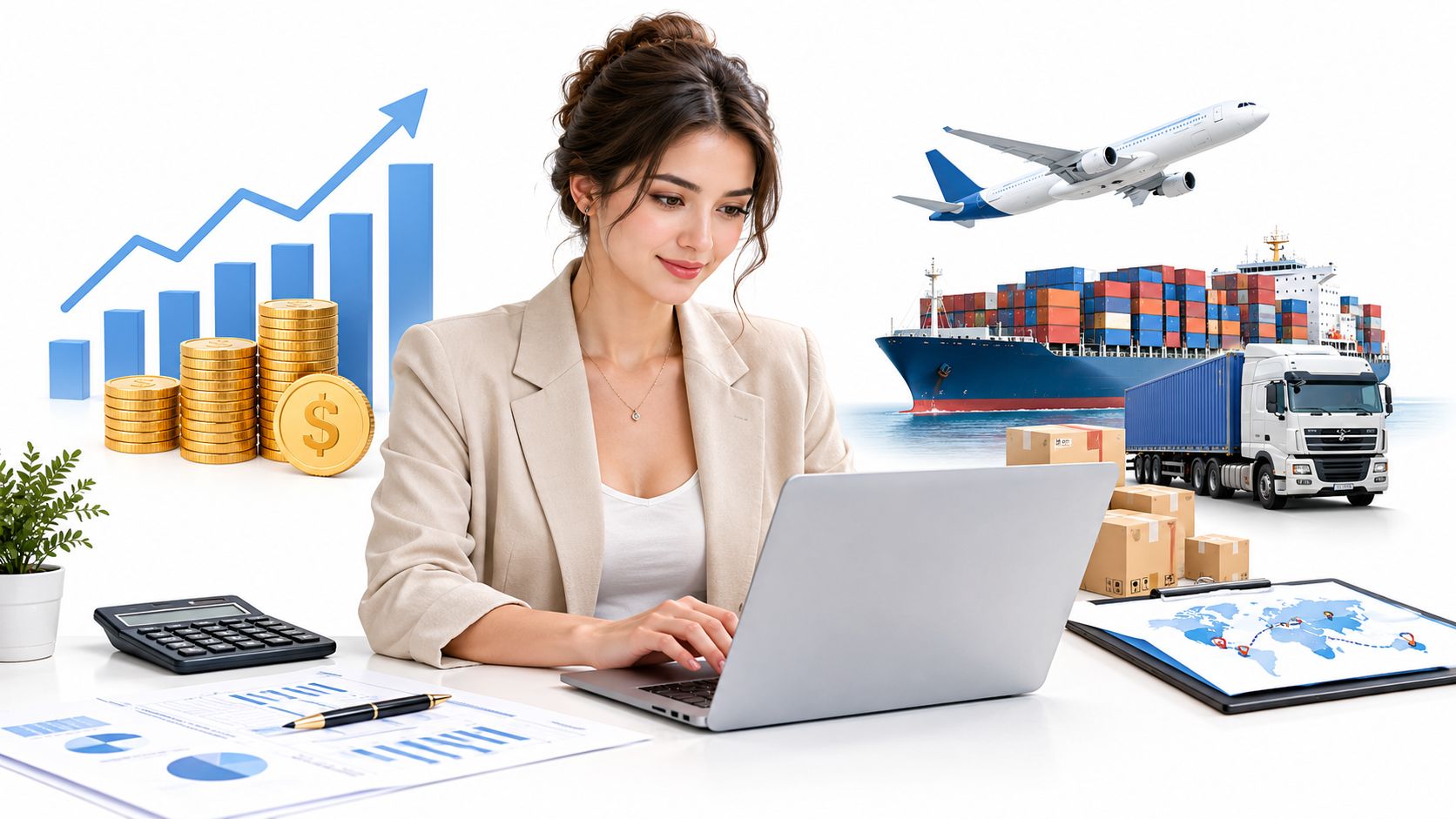 A professional woman working on a laptop surrounded by logistics, shipping, and financial growth elements.