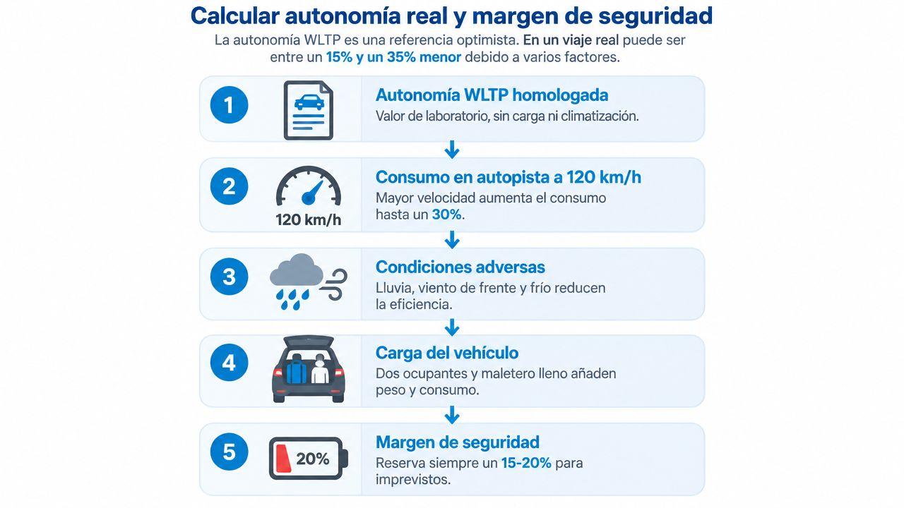 Infografía sobre cómo calcular la autonomía real y el margen de seguridad en un viaje eléctrico.