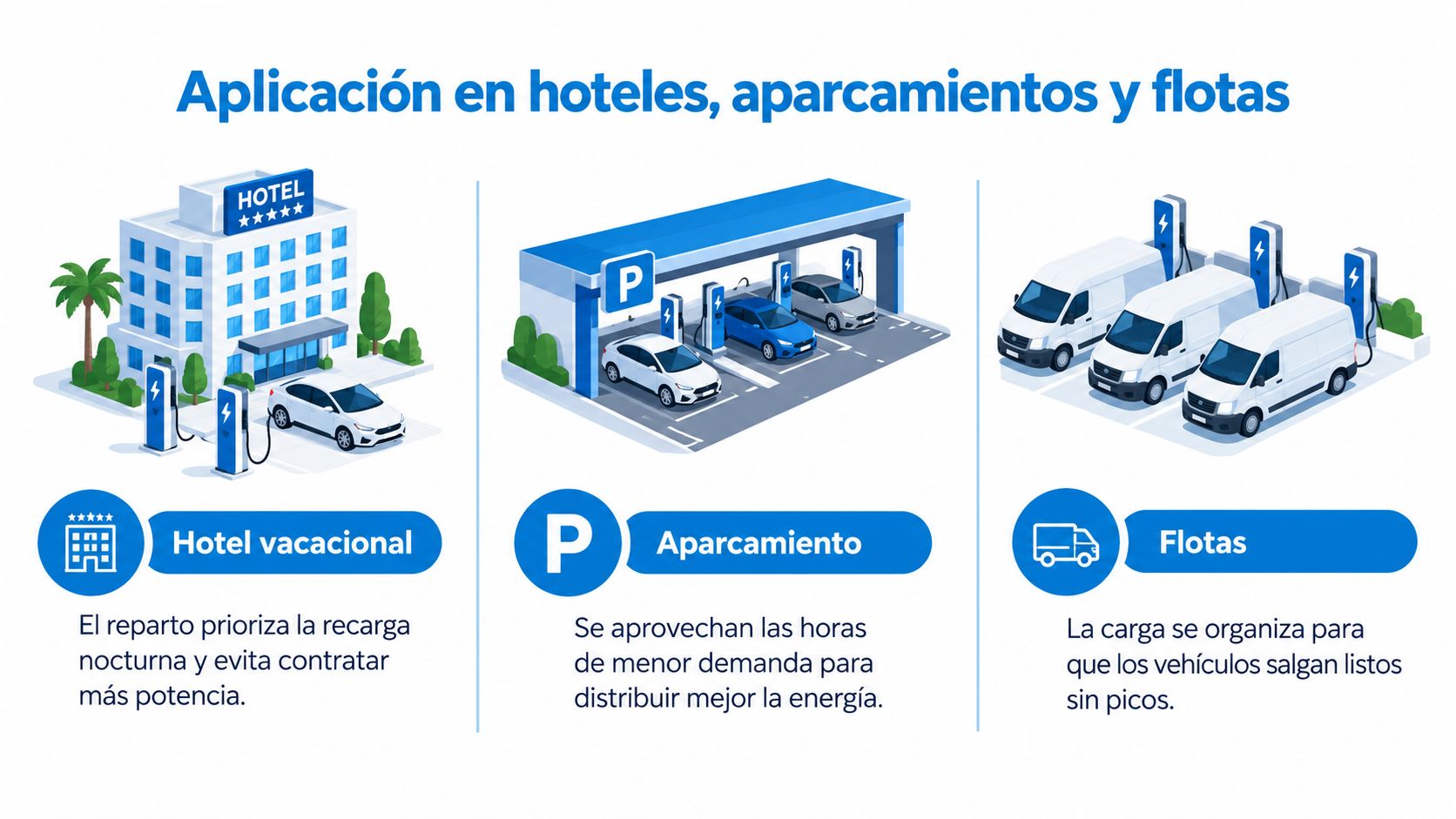 Infografía ilustrando el balanceo de carga para vehículos eléctricos en hoteles, aparcamientos públicos y flotas de transporte.