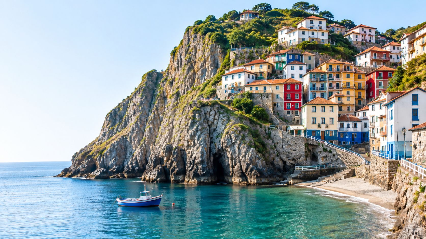 A picturesque coastal village in the Basque Country featuring colorful houses nestled on a rocky cliffside.