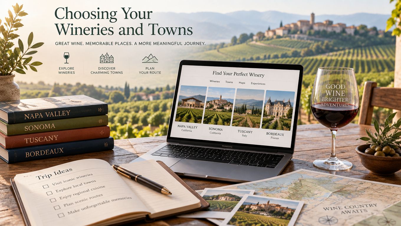 A laptop showing wine travel options, a wine glass, and travel planning tools on a rustic table.