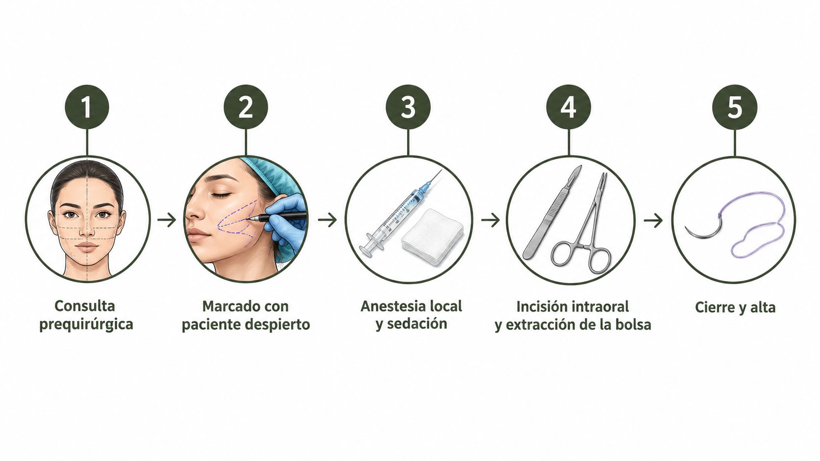 Infografía paso a paso que ilustra el proceso médico de una bichectomía desde la consulta hasta el alta.