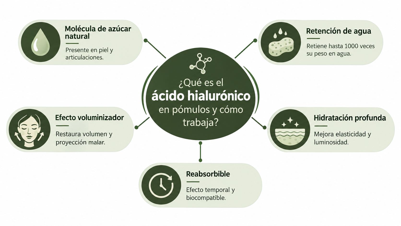 Infografía sobre el ácido hialurónico en pómulos, explicando sus propiedades, beneficios, hidratación, volumen y naturaleza reabsorbible.