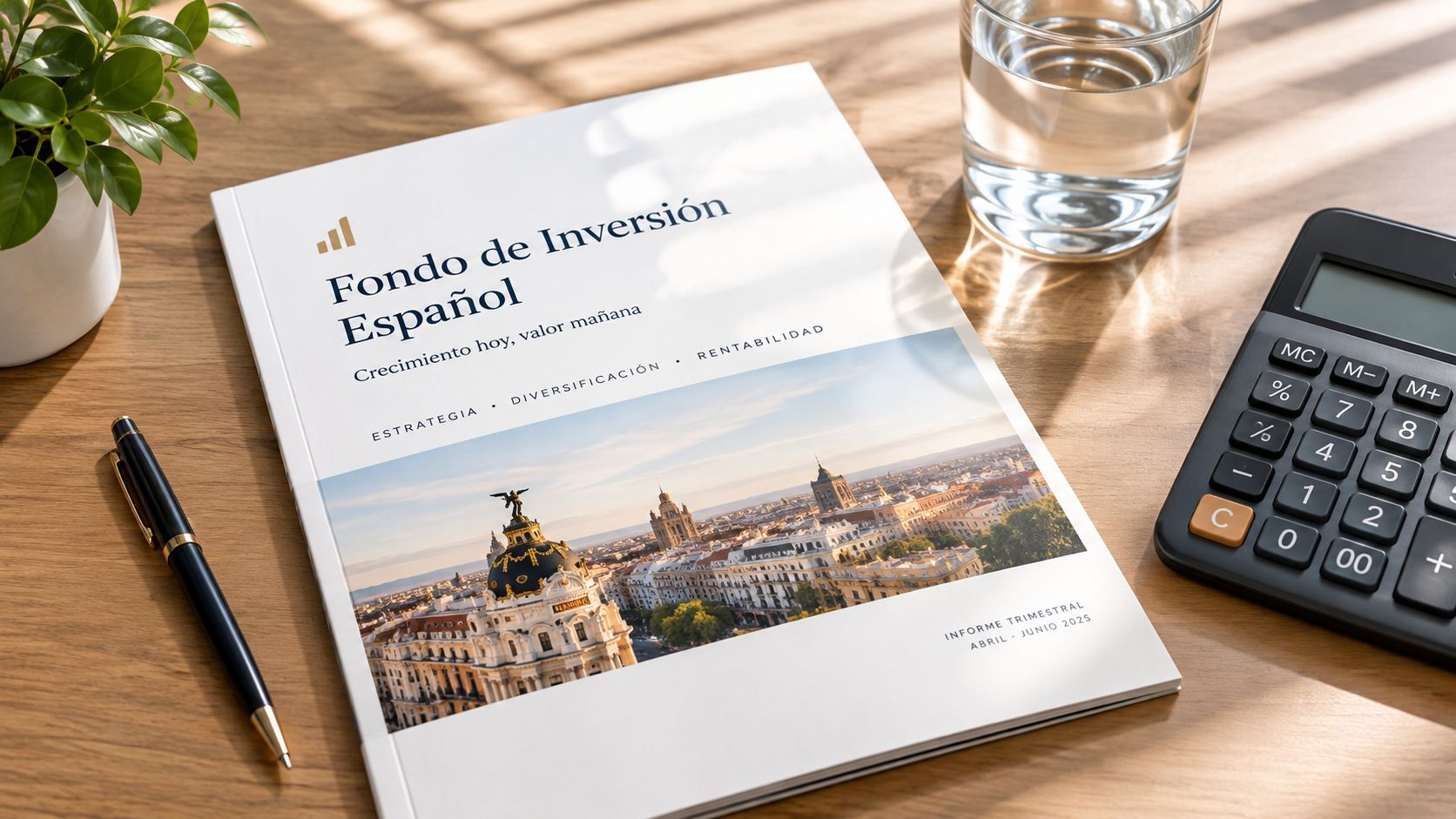 Informe trimestral sobre un fondo de inversión español con una vista aérea de Madrid sobre una mesa.