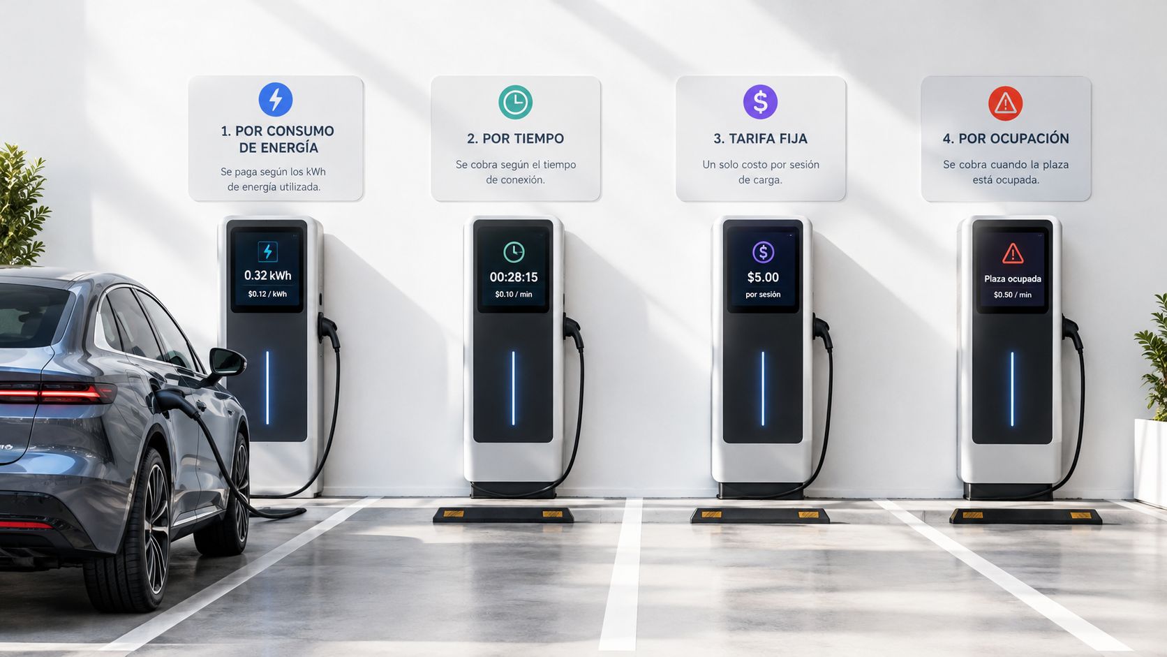 Cuatro estaciones de carga para coches eléctricos que muestran diferentes modalidades de precios y métodos de facturación.