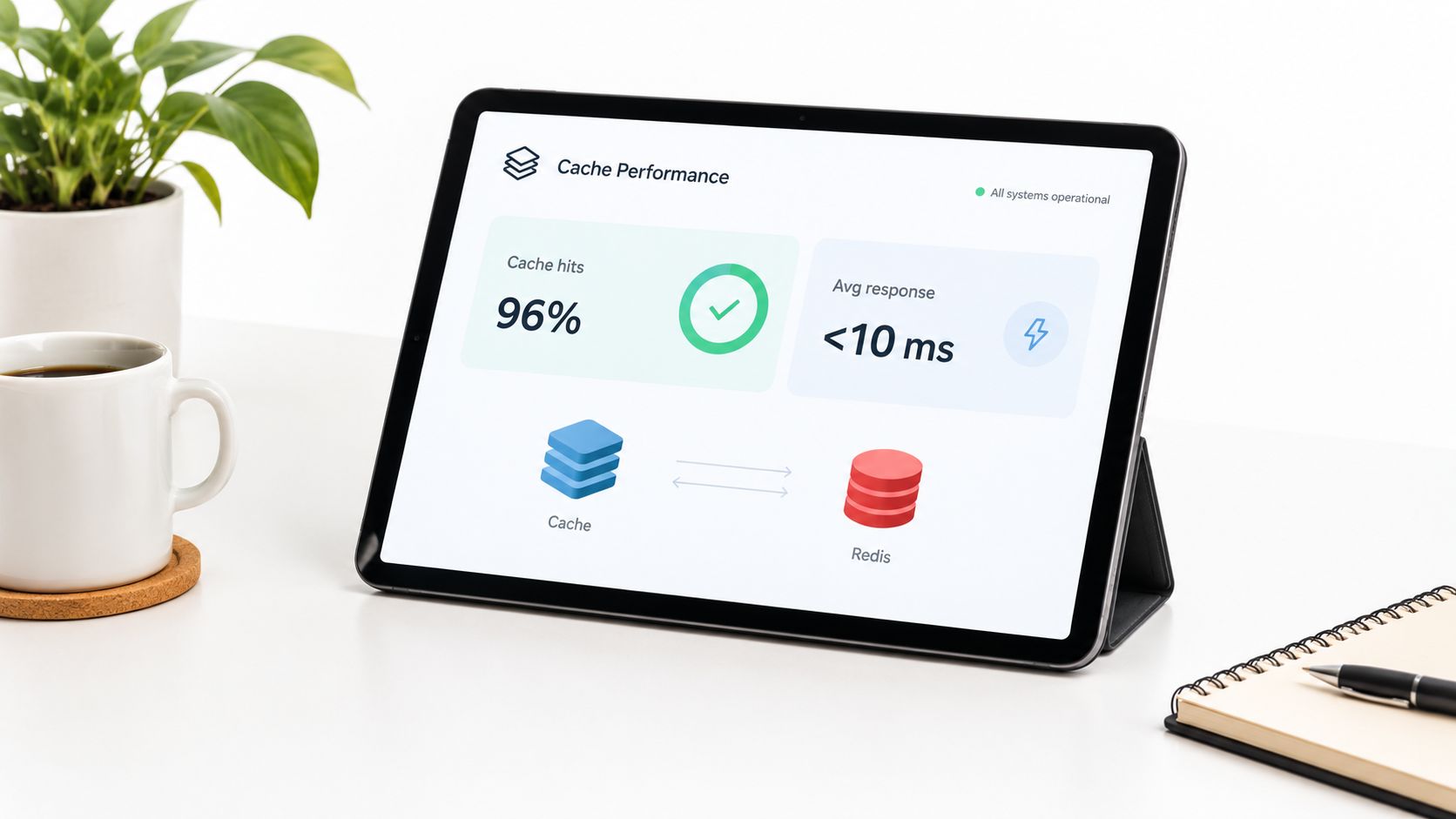 A tablet on a desk displaying a dashboard showing cache performance statistics and Redis database monitoring metrics.
