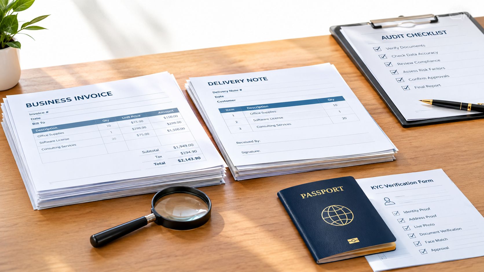 A high-angle view of business documents including invoices, delivery notes, and a passport on a wooden desk.