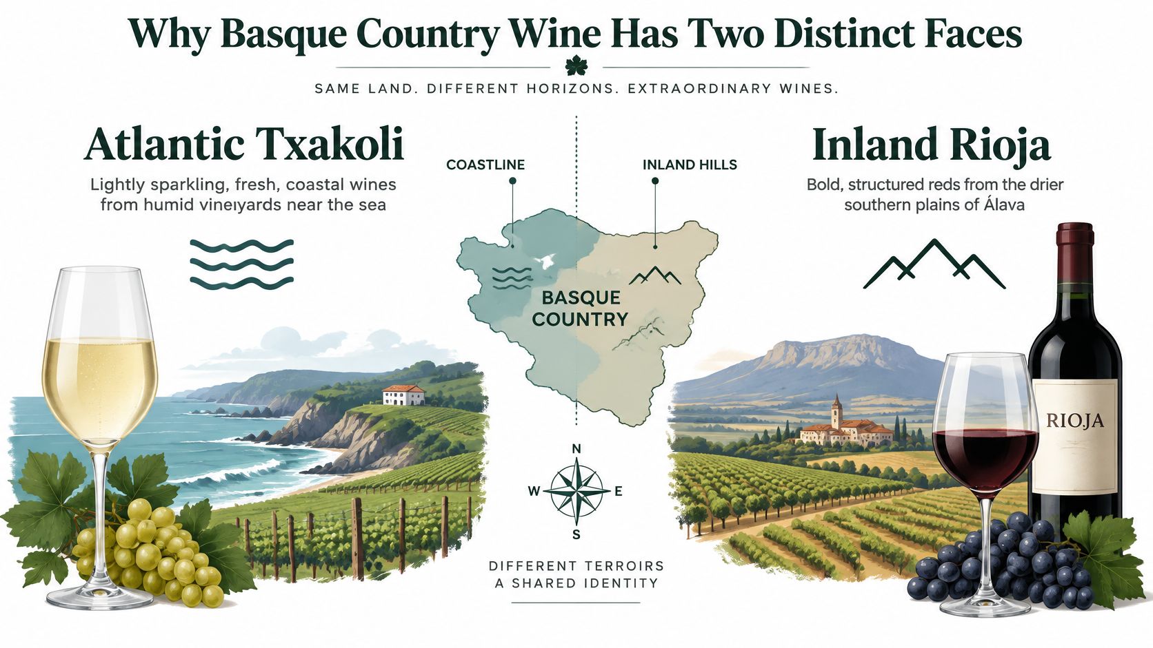 An infographic comparing Atlantic Txakoli white wine and Inland Rioja red wine from the Basque Country region.