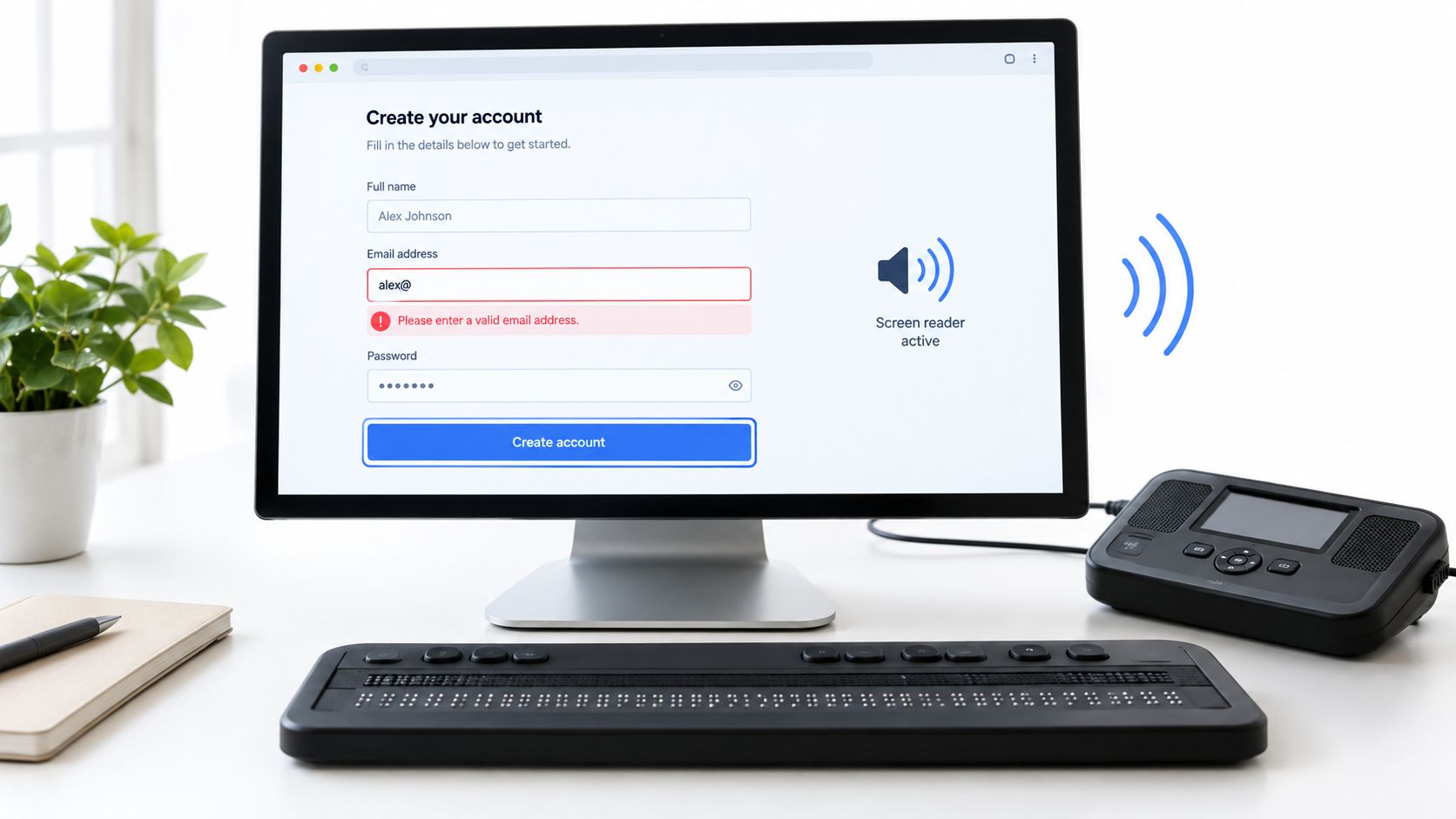 A computer screen displaying an account creation form with an email validation error, featuring assistive technology equipment.