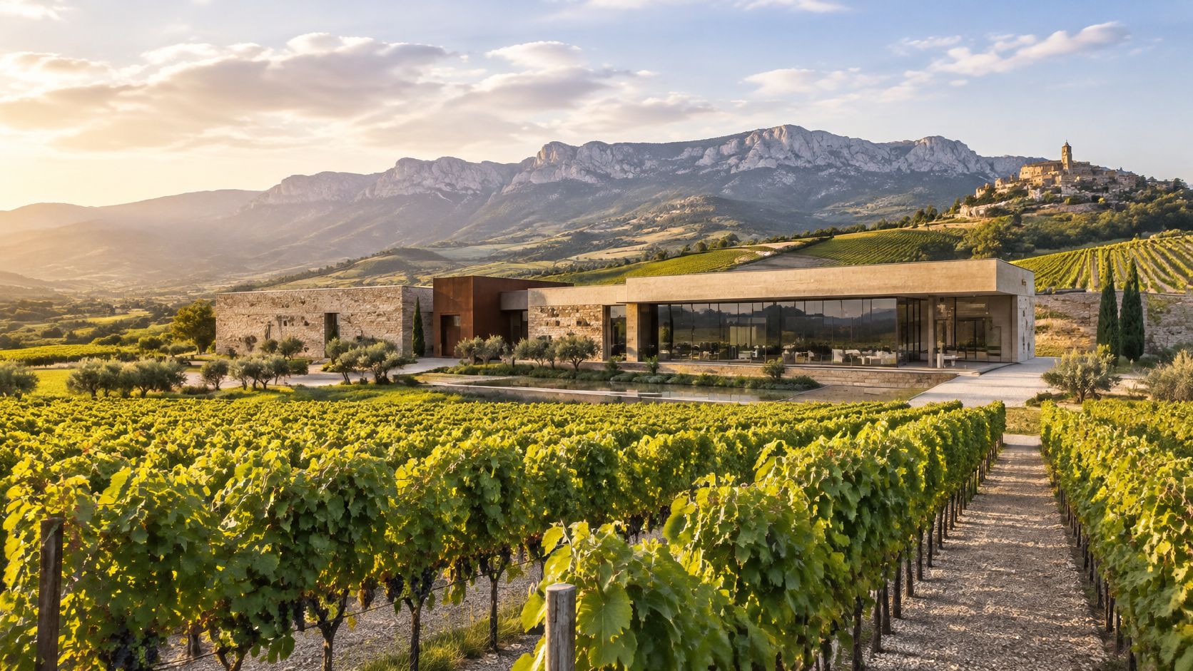 A modern vineyard winery building nestled in a rolling Tuscan landscape with mountains under a golden sunset.