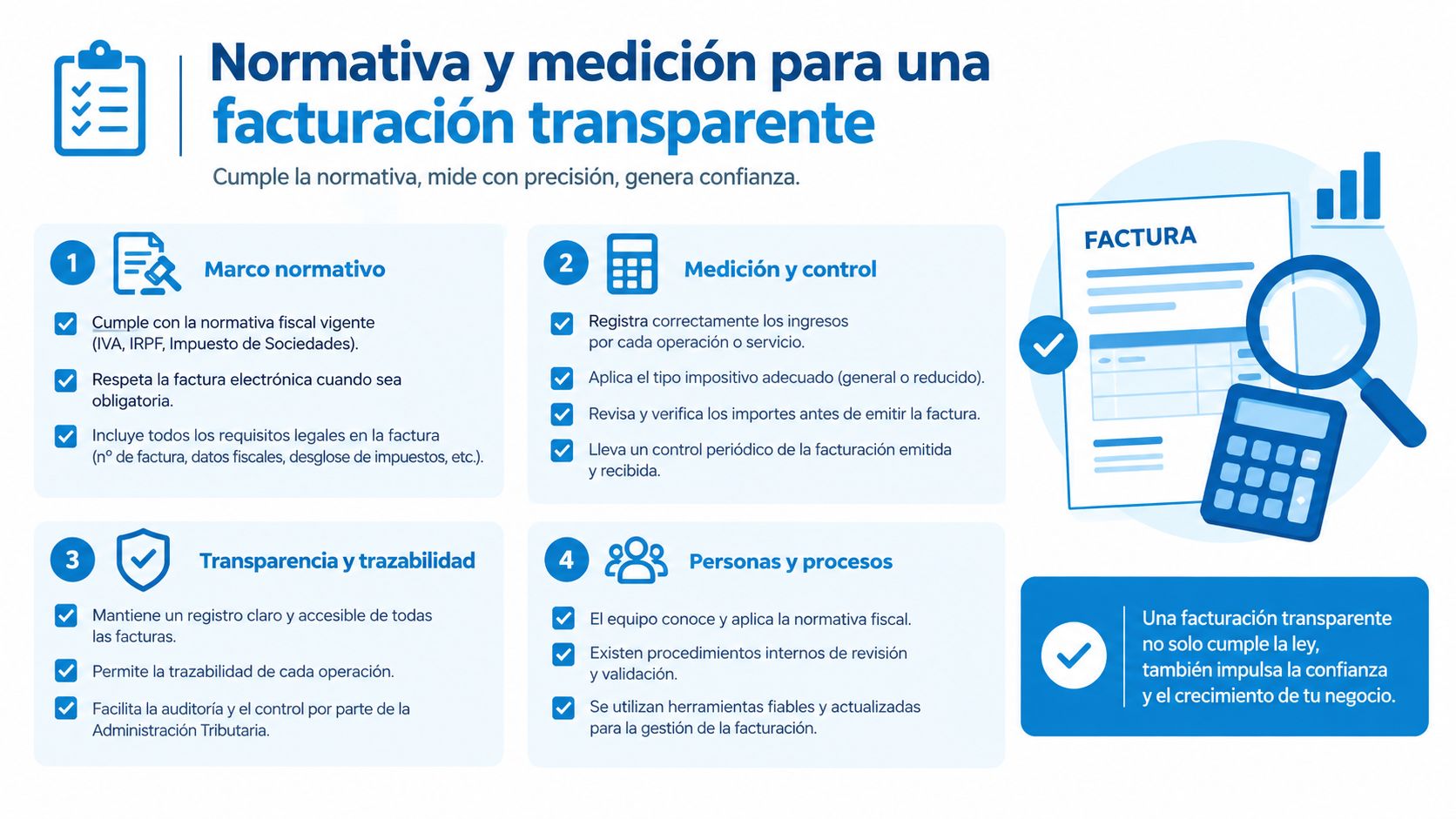 Infografía sobre normativa y medición para una facturación transparente, cumpliendo leyes fiscales y mejorando procesos empresariales.