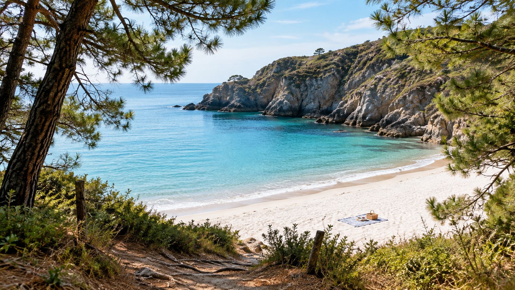 A scenic view of a secluded white sand beach with turquoise water framed by pine trees