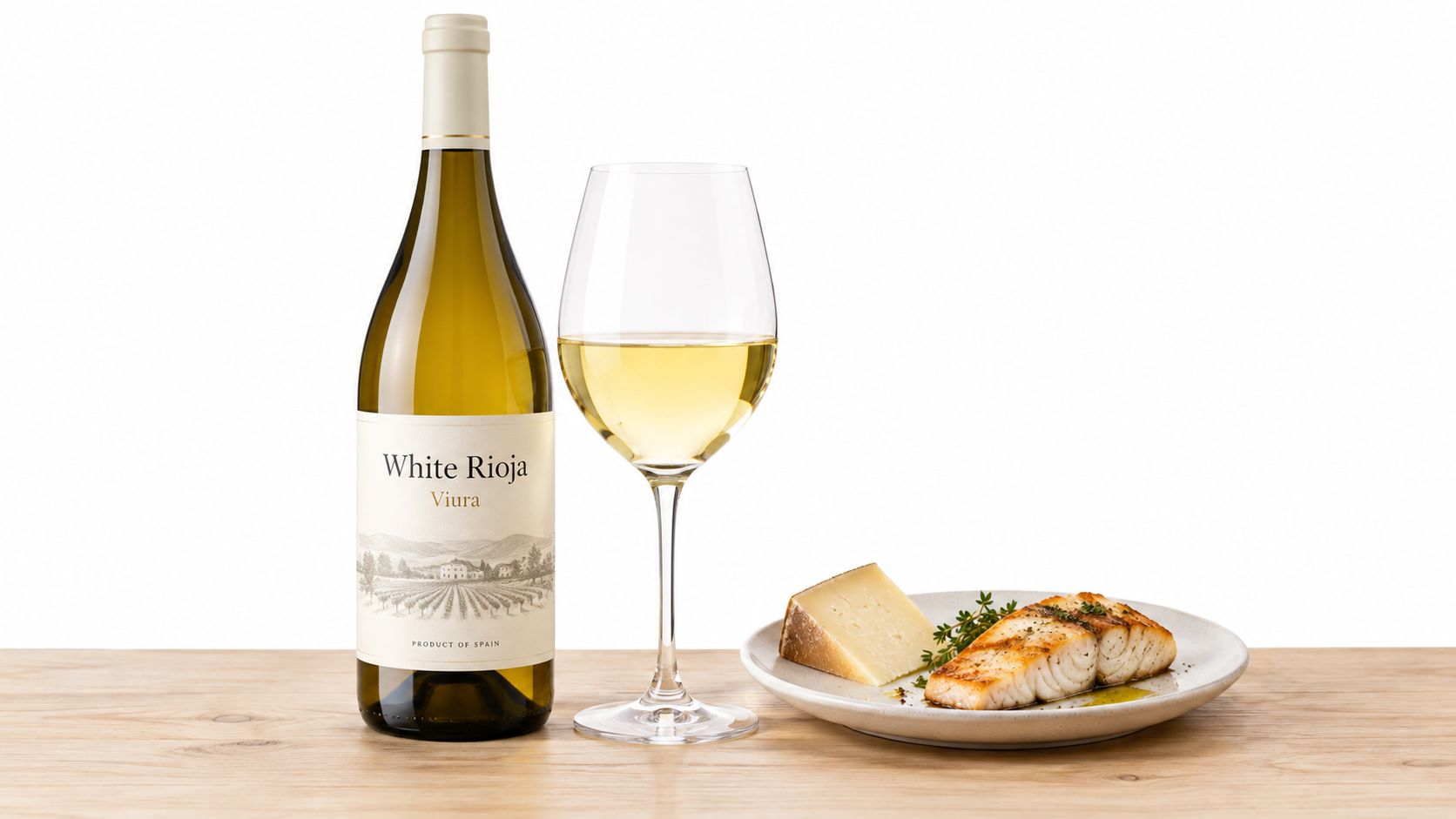 A bottle of White Rioja wine, a filled wine glass, a wedge of cheese, and cooked fish.
