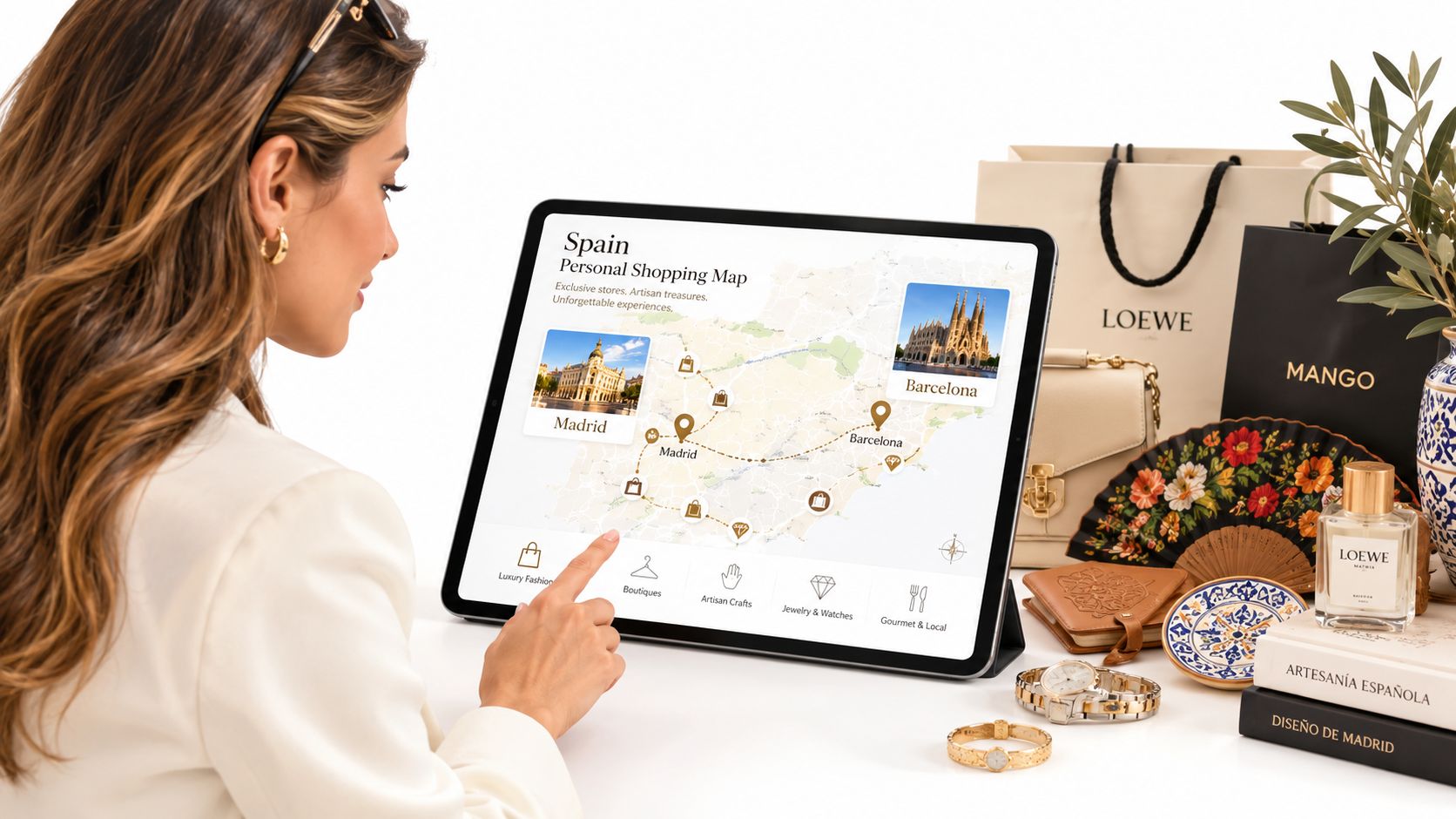 A woman using a tablet displaying a personalized shopping map of Spain with various luxury brand items nearby.