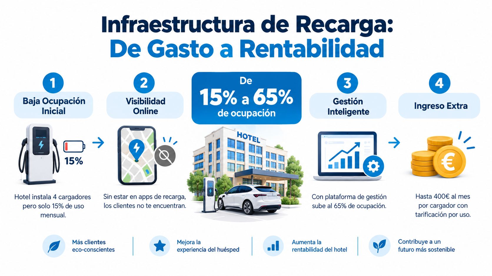 Infografía sobre cómo aumentar la rentabilidad de los cargadores de vehículos eléctricos en hoteles mediante gestión inteligente.