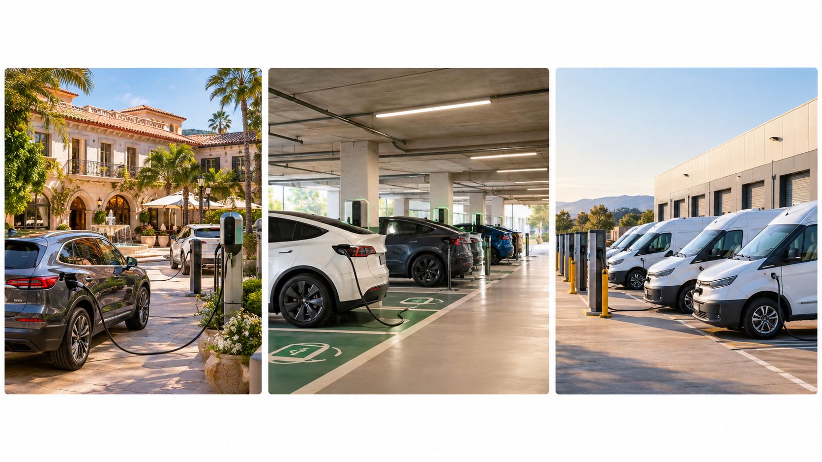 Tres vistas que muestran diversos vehículos eléctricos cargándose en estaciones de carga inteligentes para uso público y privado.