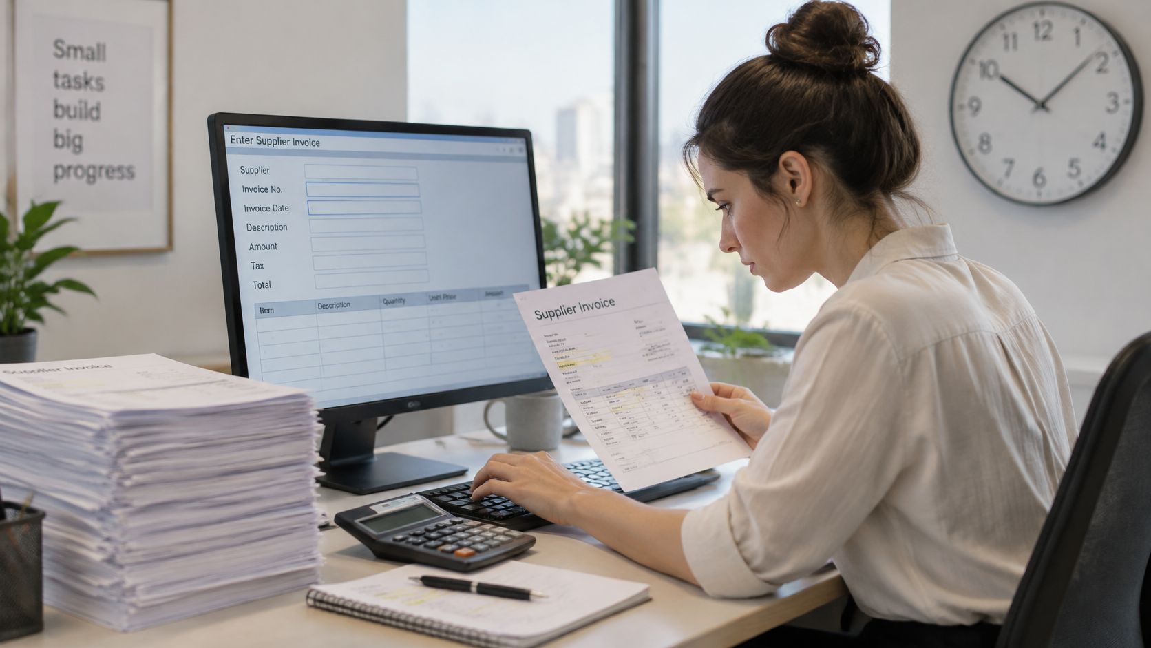 A professional accountant entering data from a paper supplier invoice into computer software at an office desk.