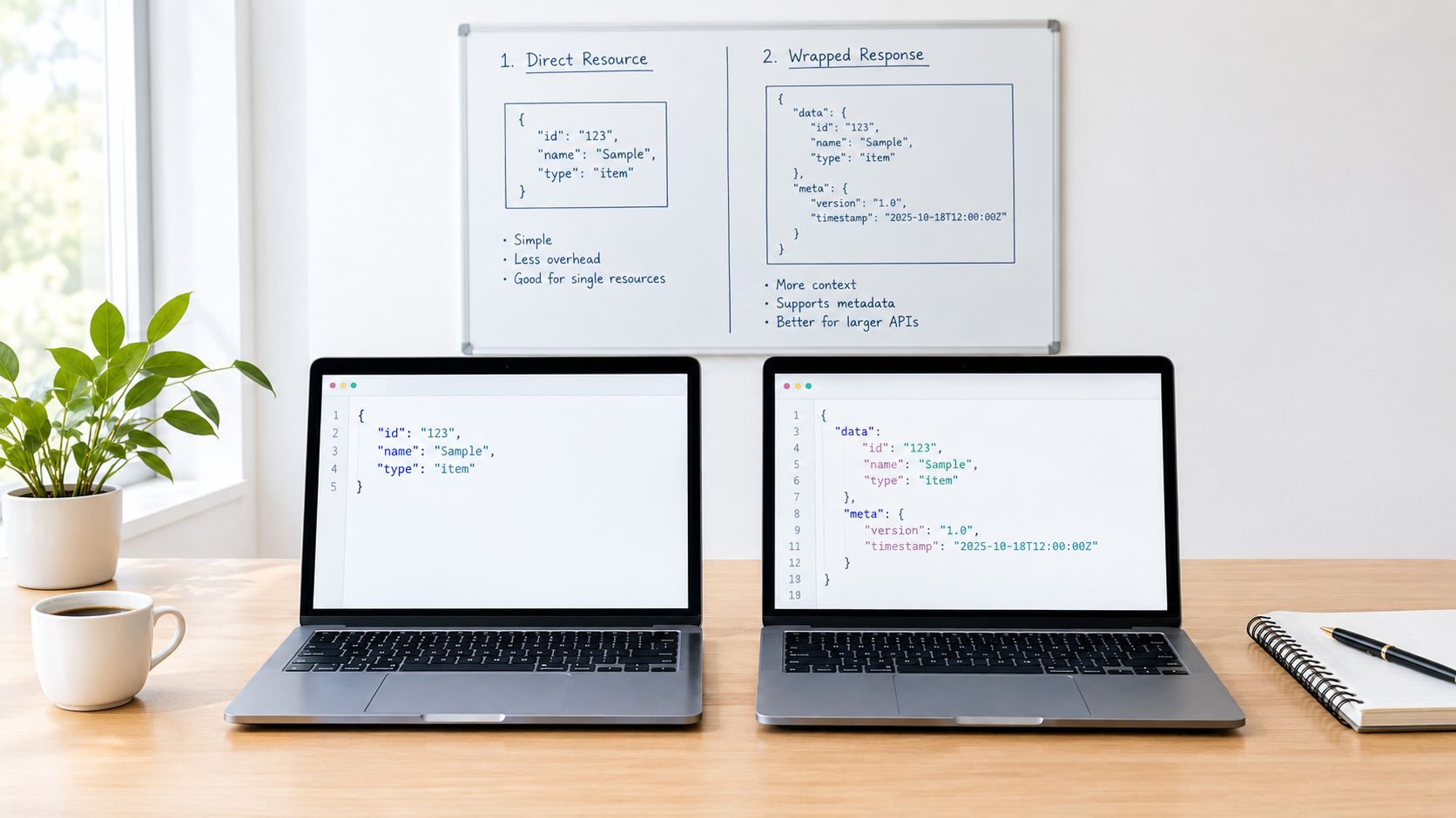 Two laptops on a wooden desk displaying API JSON response formats, with a whiteboard showing the concepts.