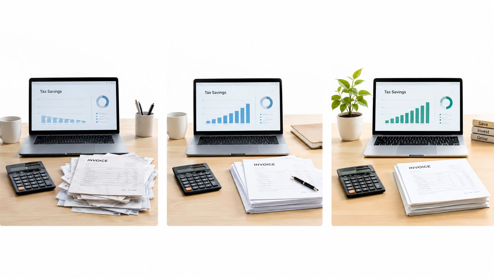 Tres escritorios de oficina mostrando laptops con gráficos de ahorros fiscales, calculadoras y pilas de facturas organizadas.