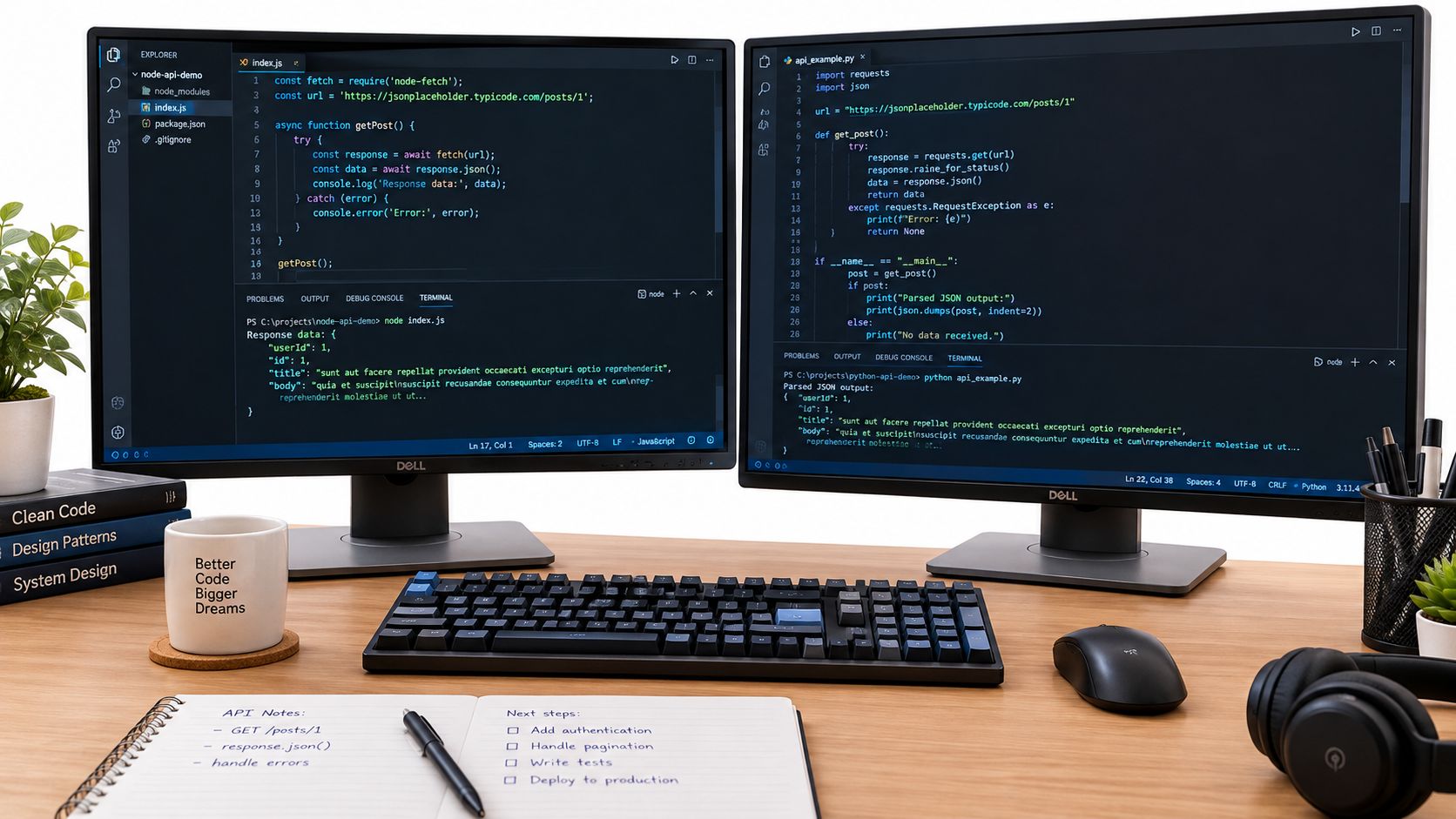 A professional workspace featuring two computer monitors displaying programming code and a notebook with API notes.