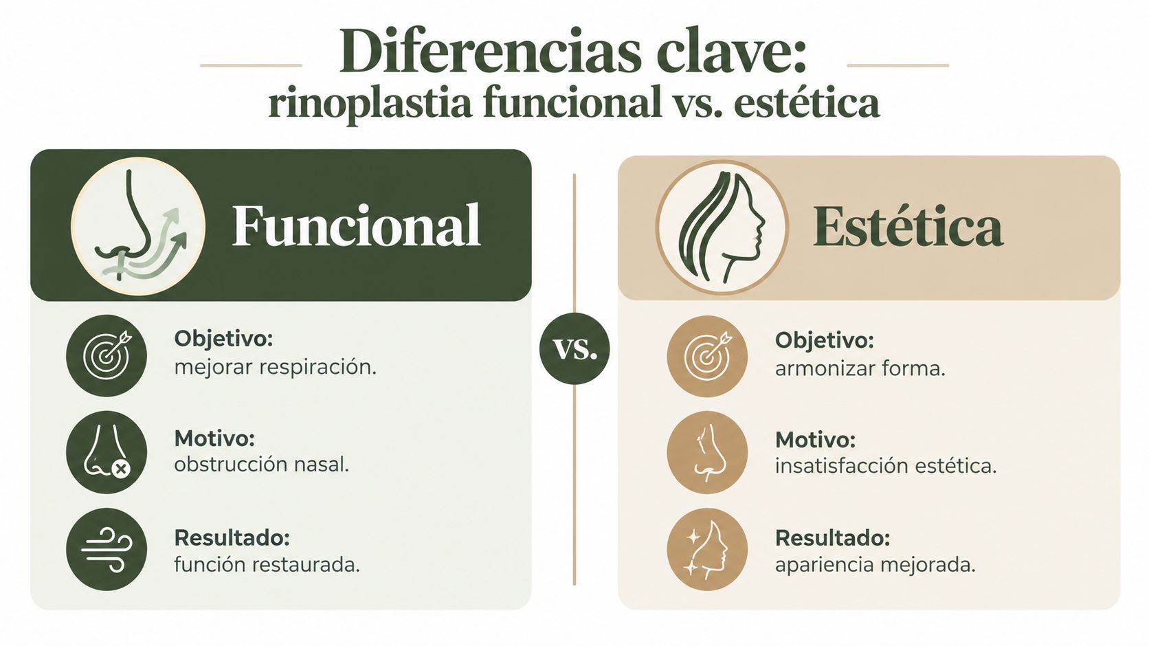Infografía comparativa que explica las diferencias entre la rinoplastia funcional para respirar y la rinoplastia estética.