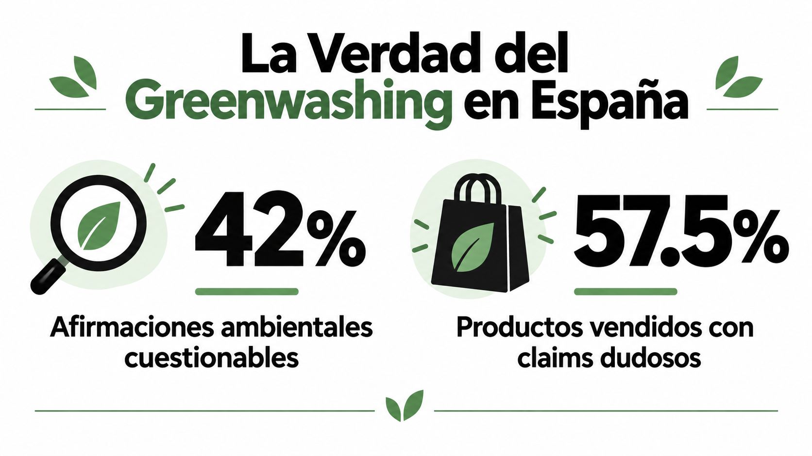 Infografía sobre el greenwashing en España mostrando estadísticas sobre afirmaciones ambientales y productos con claims dudosos.