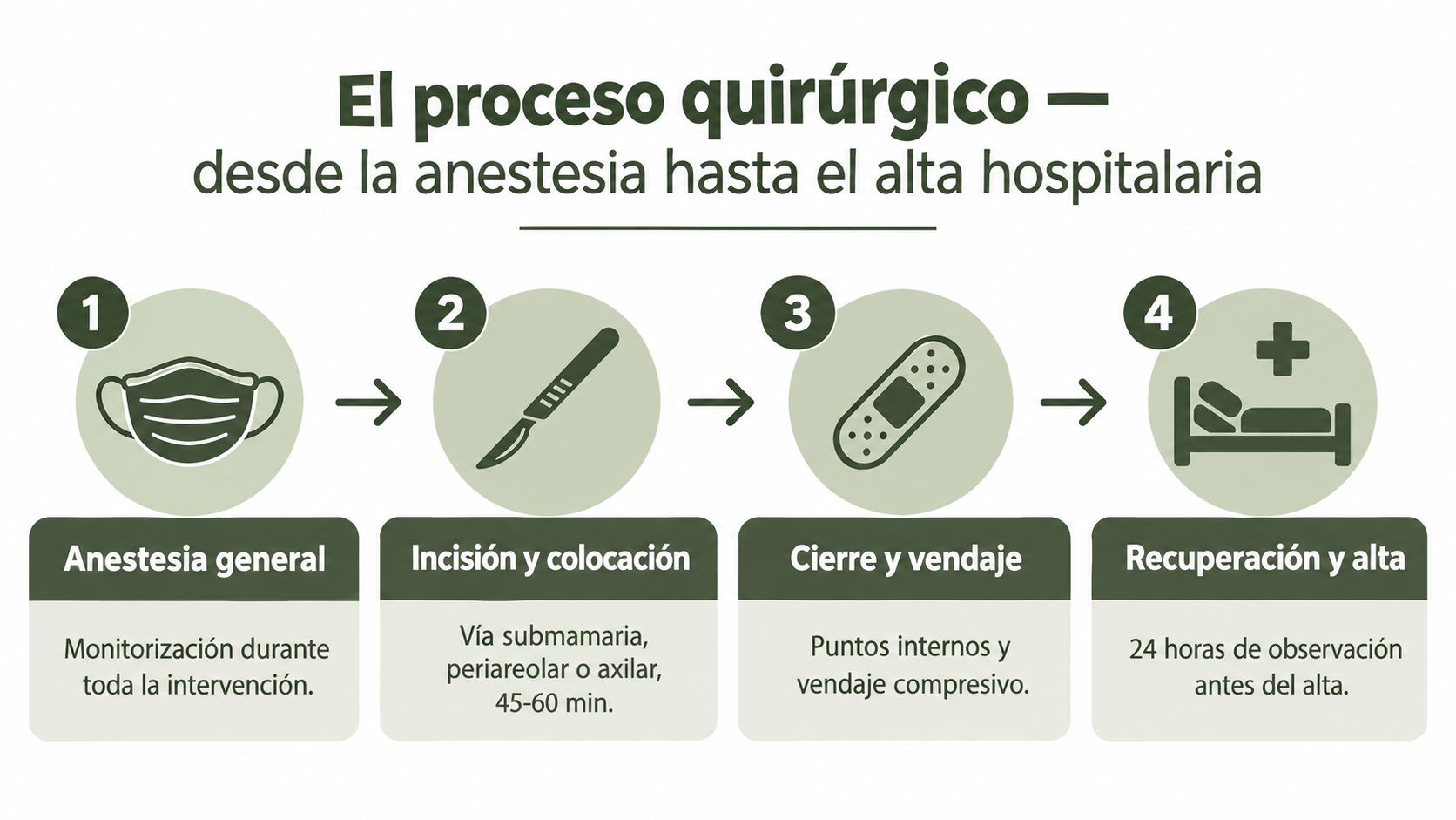 Infografía que detalla las cuatro etapas del proceso quirúrgico de una mamoplastia, desde la anestesia hasta el alta.