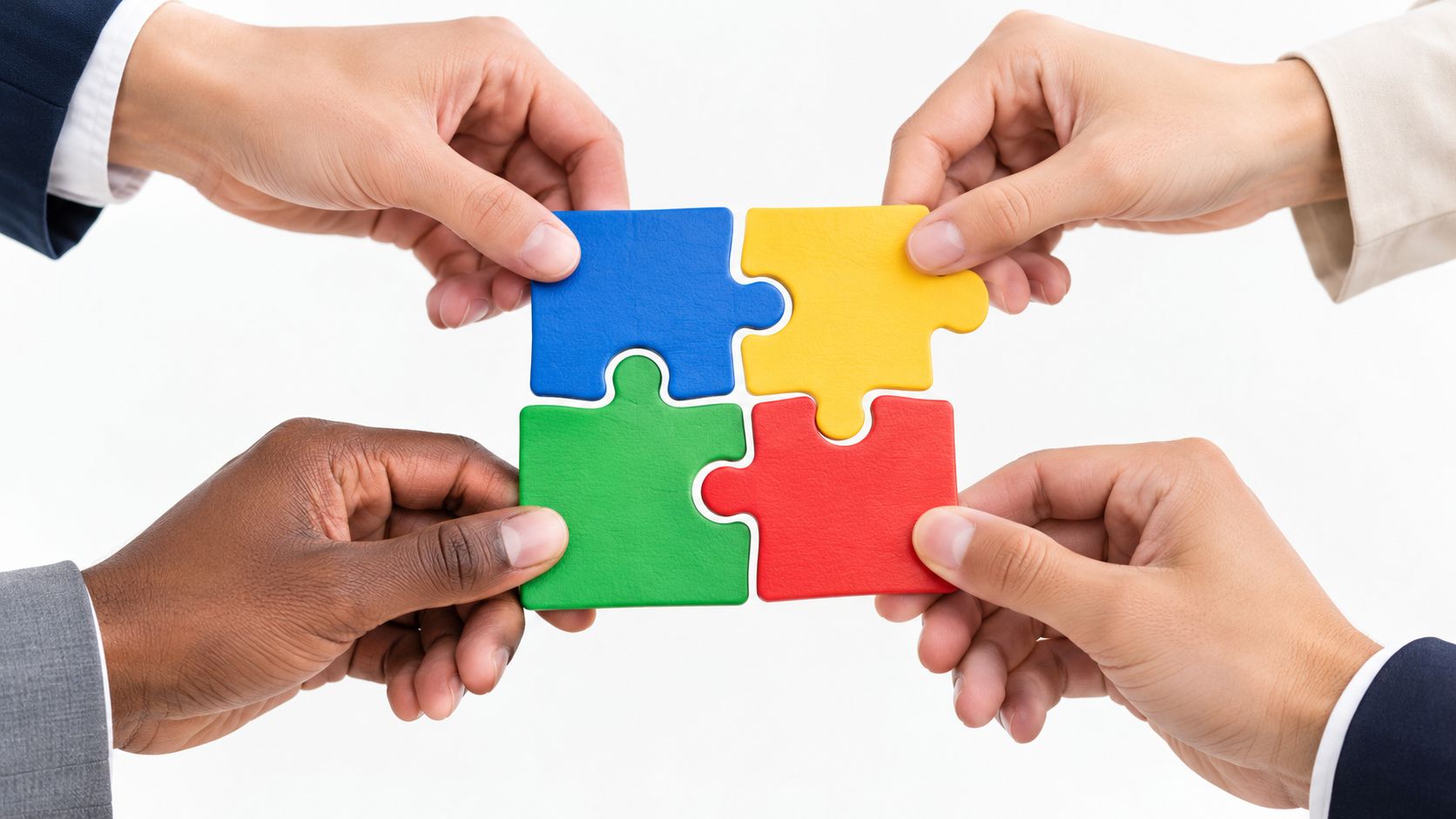 Four diverse professionals holding four colored puzzle pieces together, representing teamwork and successful B2B marketing collaboration.