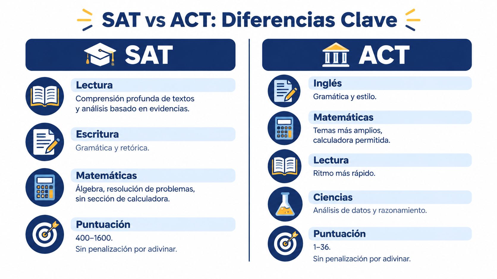 Una infografía comparativa detallada que explica las principales diferencias entre los exámenes de admisión universitaria SAT y ACT.