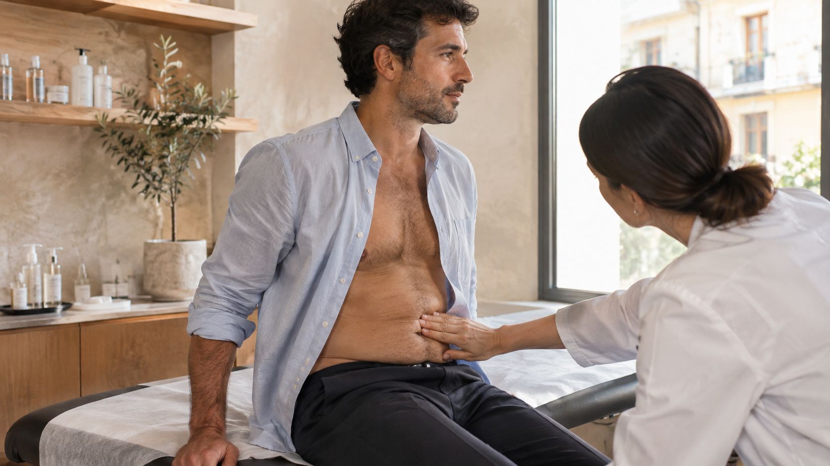 Una doctora realiza una exploración abdominal a un paciente varón en una clínica de estética moderna.