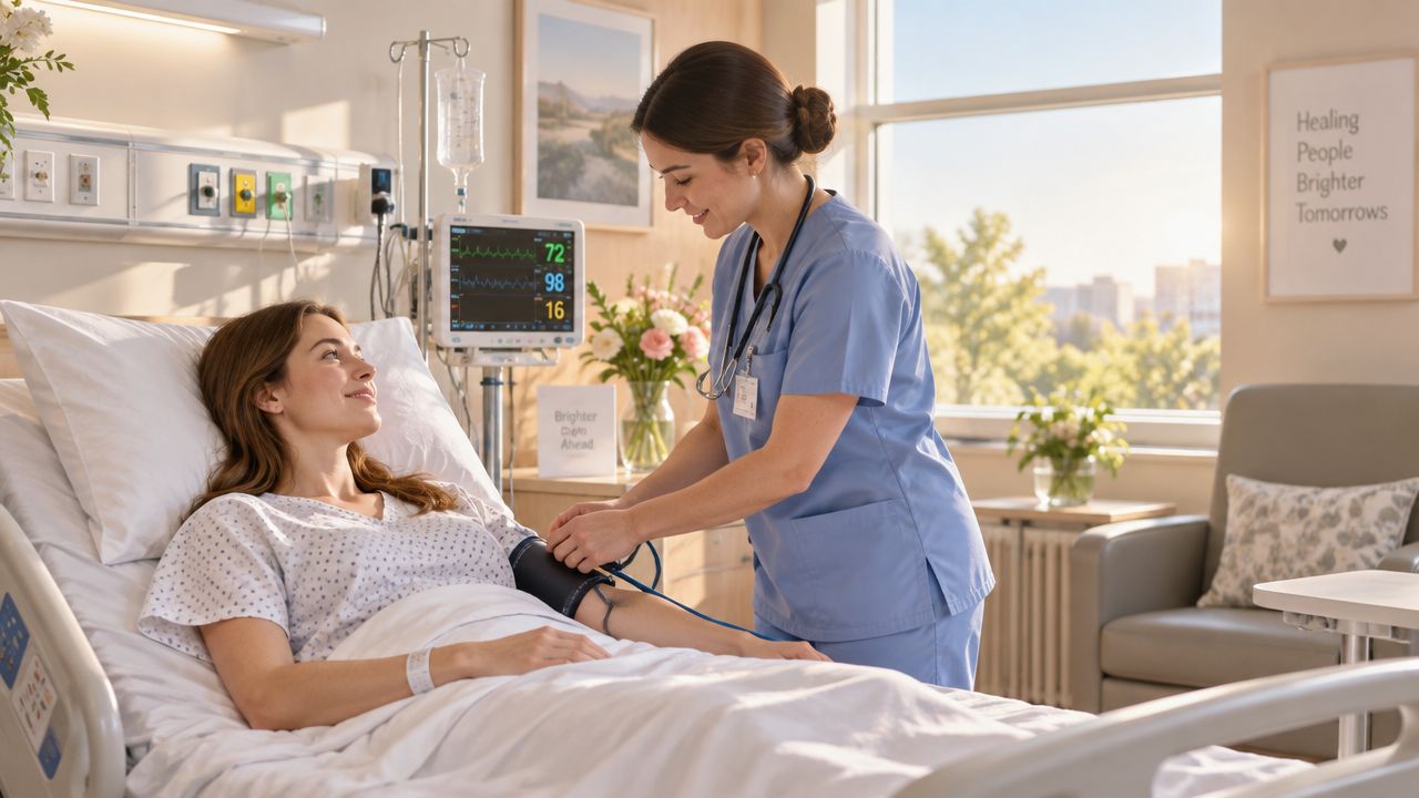 Una enfermera joven revisando la presión arterial de una paciente sonriente en una habitación de hospital