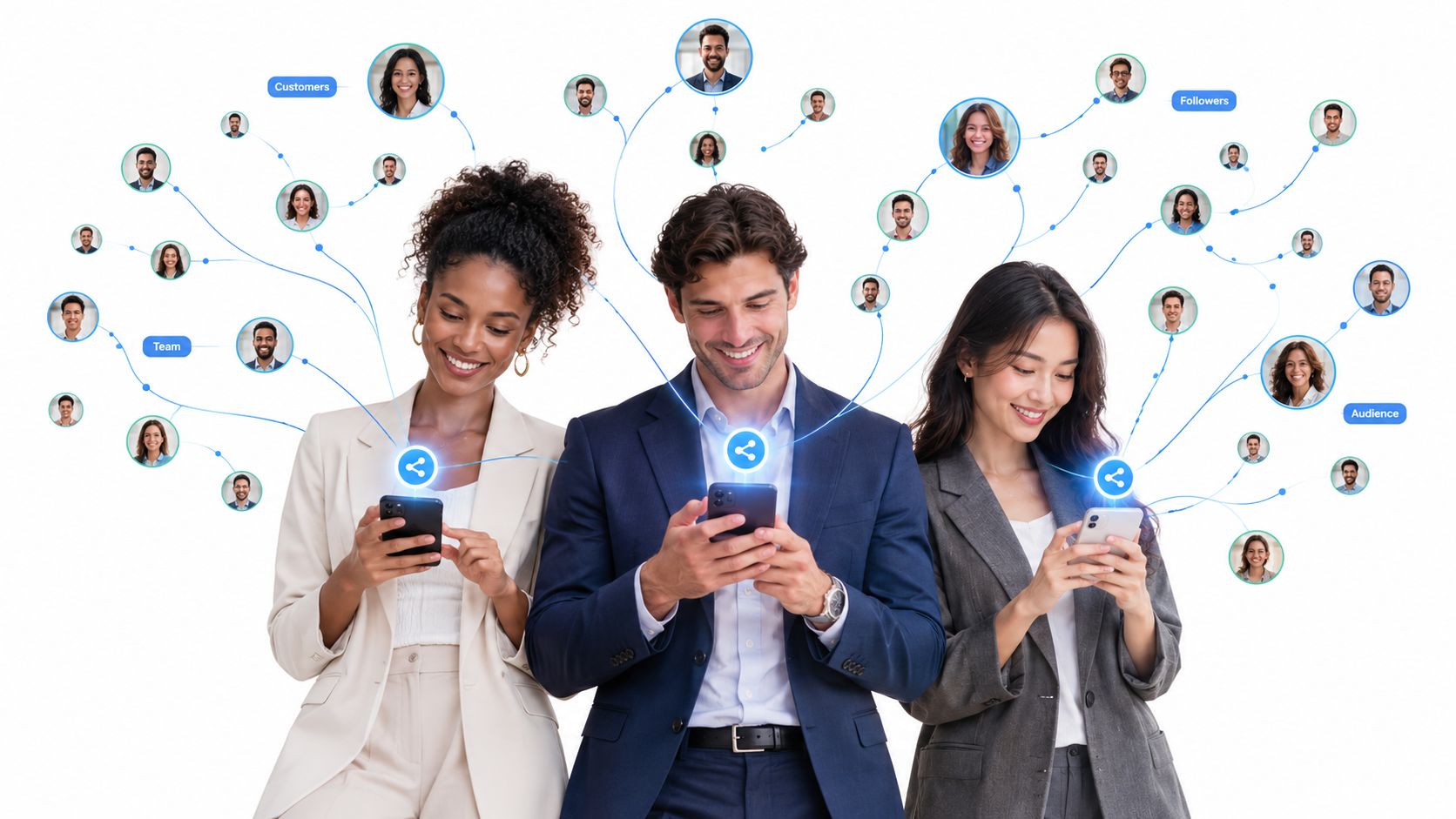 Three professionals in business attire using smartphones to connect with a large digital network of people.