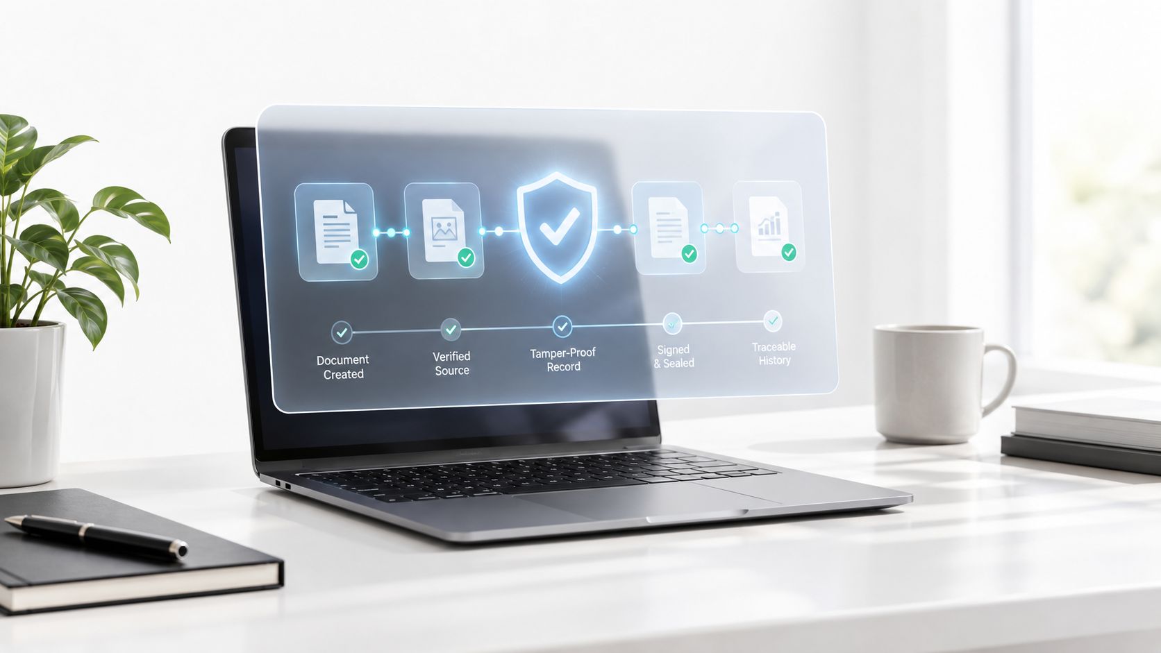 Ordenador portátil con una interfaz digital holográfica que muestra el proceso de verificación y seguridad de documentos.