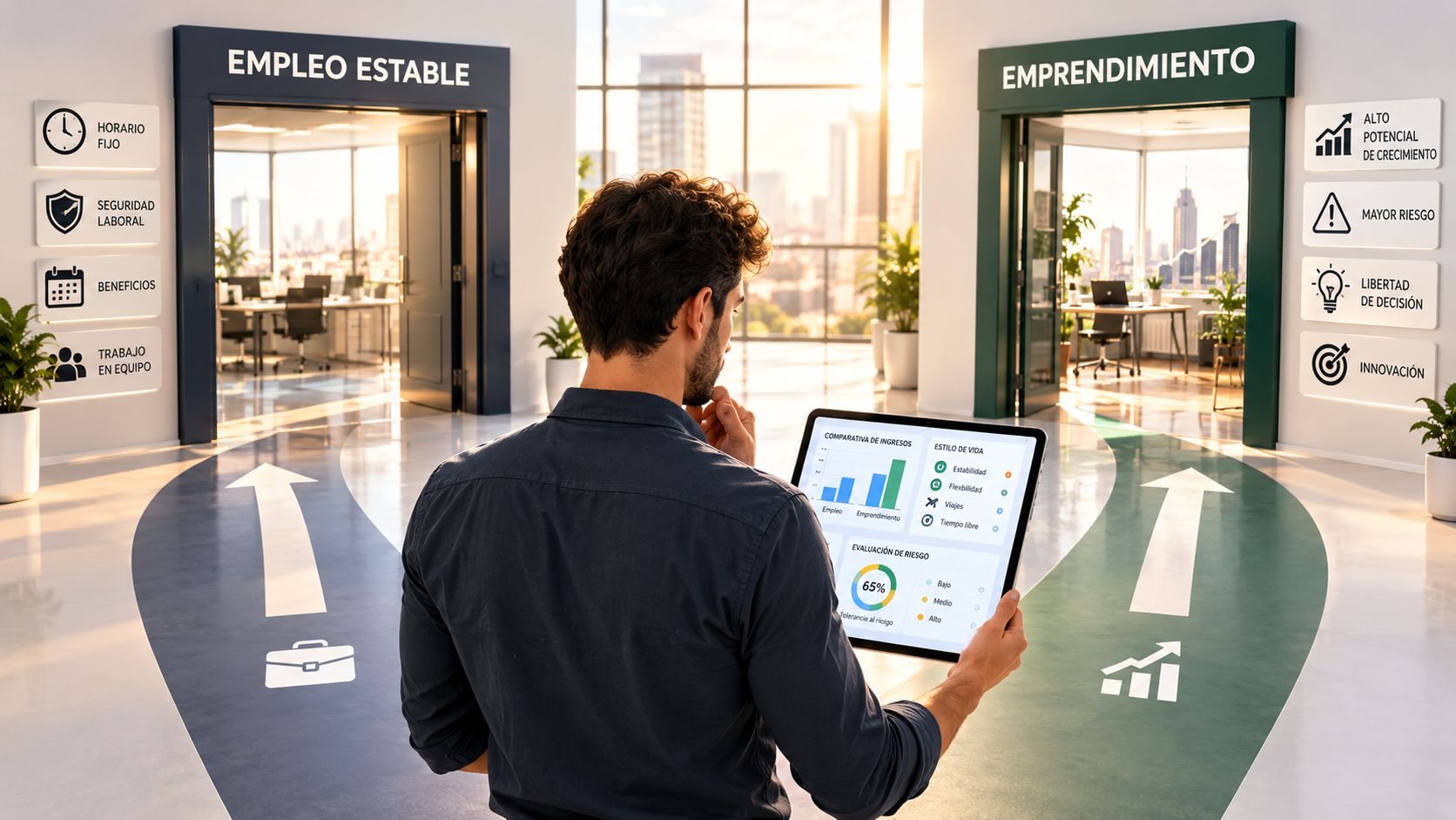 Un hombre indeciso sostiene una tableta comparando las ventajas de un empleo estable frente al emprendimiento profesional.