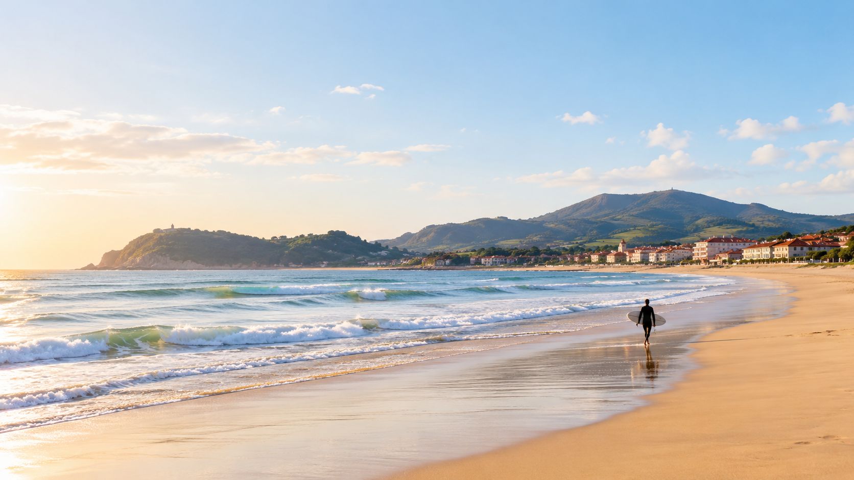 A surfer walks along the sandy shore of a scenic Basque Country beach during sunset hours
