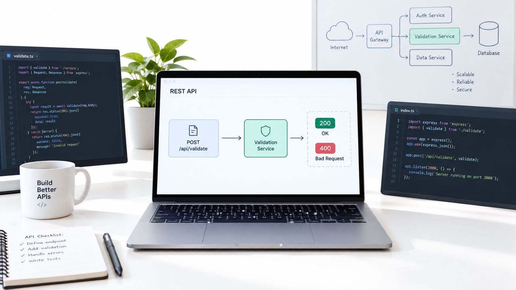 A professional developer workspace showing API architecture diagrams and TypeScript code for tax ID number validation.