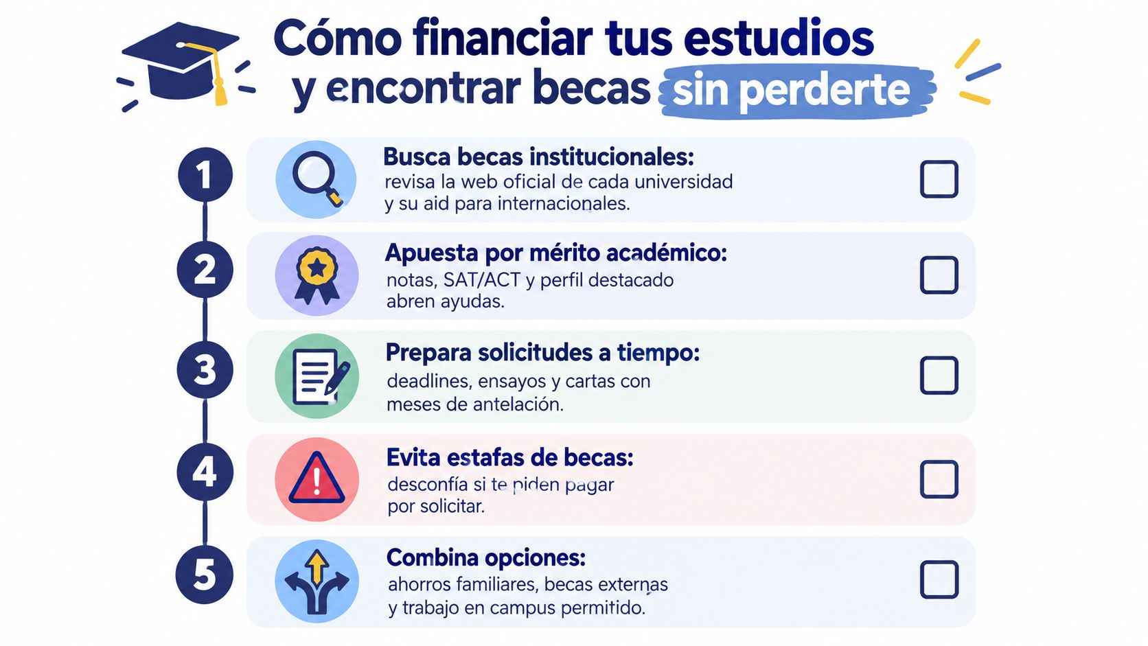 Una infografía educativa con cinco pasos clave para financiar estudios universitarios y conseguir becas exitosamente.