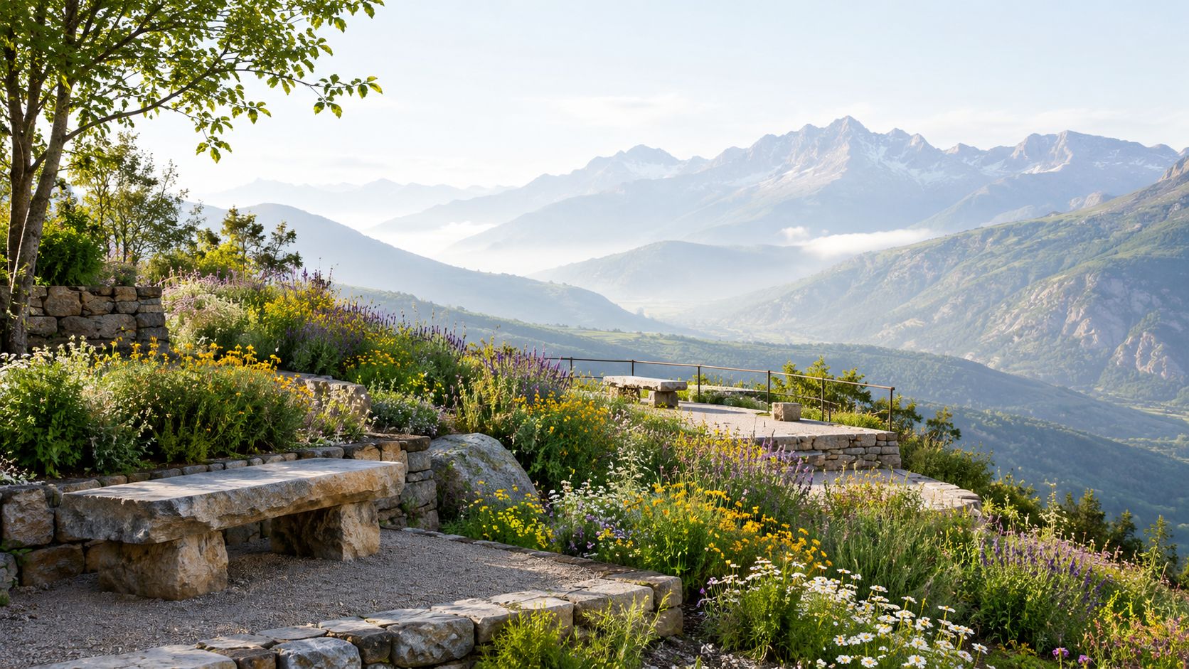A serene stone bench overlooking a lush garden with mountains and misty valleys in the background.