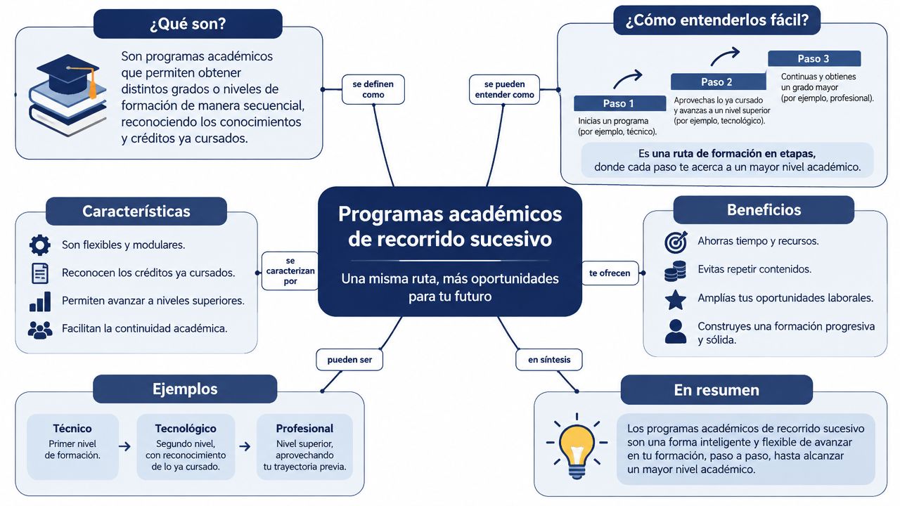 Mapa mental que explica el concepto, beneficios y características de los programas académicos de recorrido sucesivo.