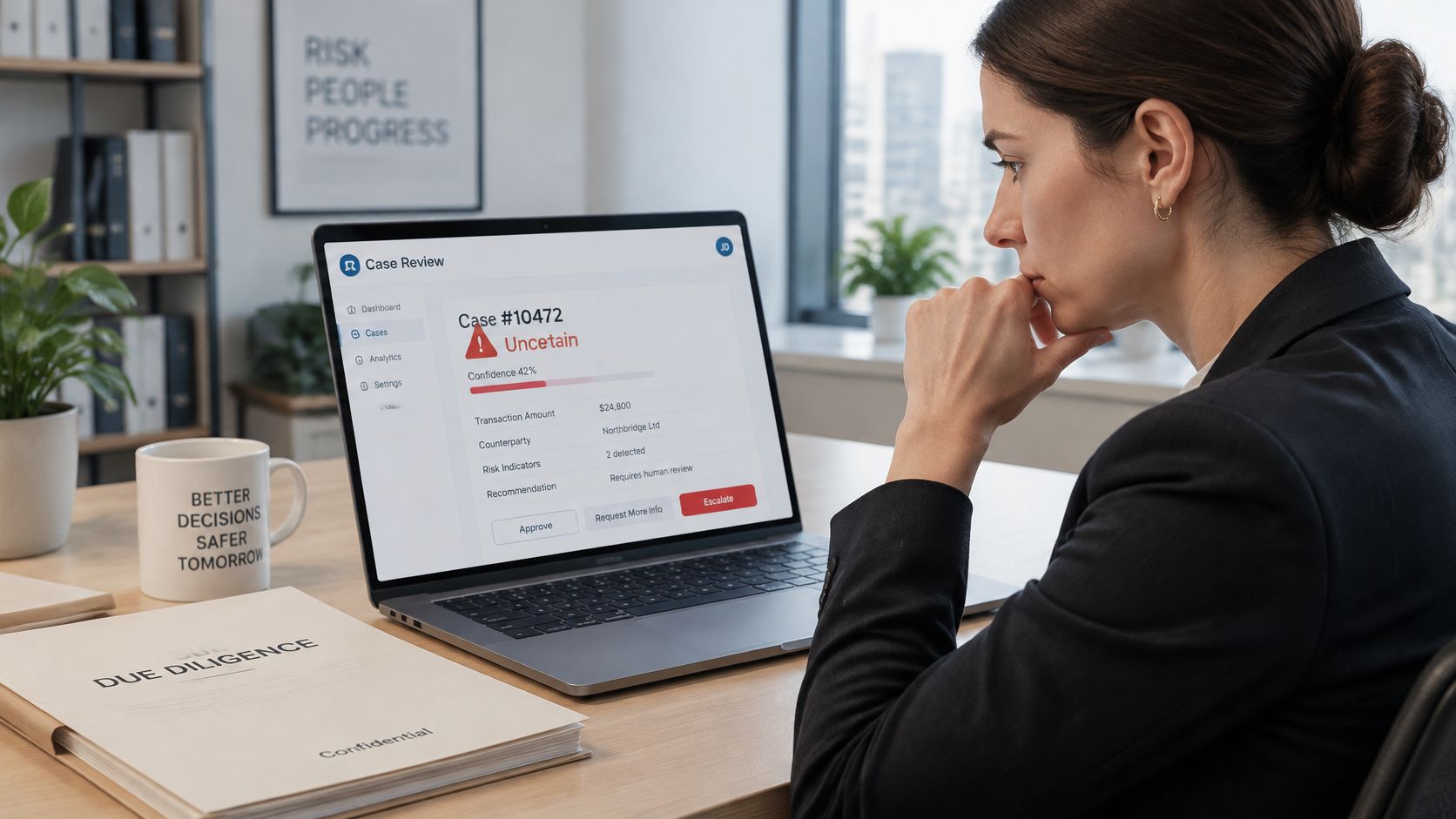 A professional woman reviewing a case on a laptop computer with due diligence documents on her desk.