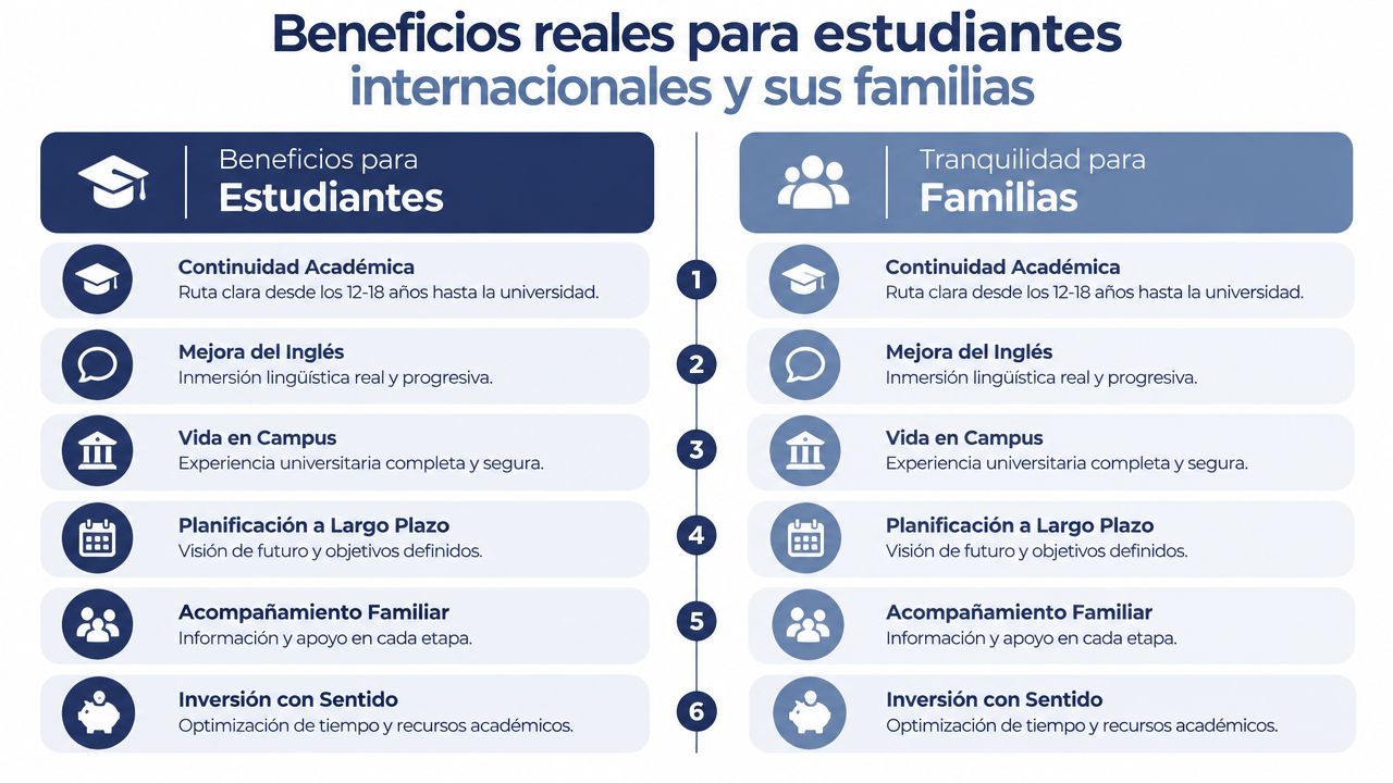 Tabla comparativa de beneficios educativos para estudiantes internacionales y sus familias en programas de formación continua.