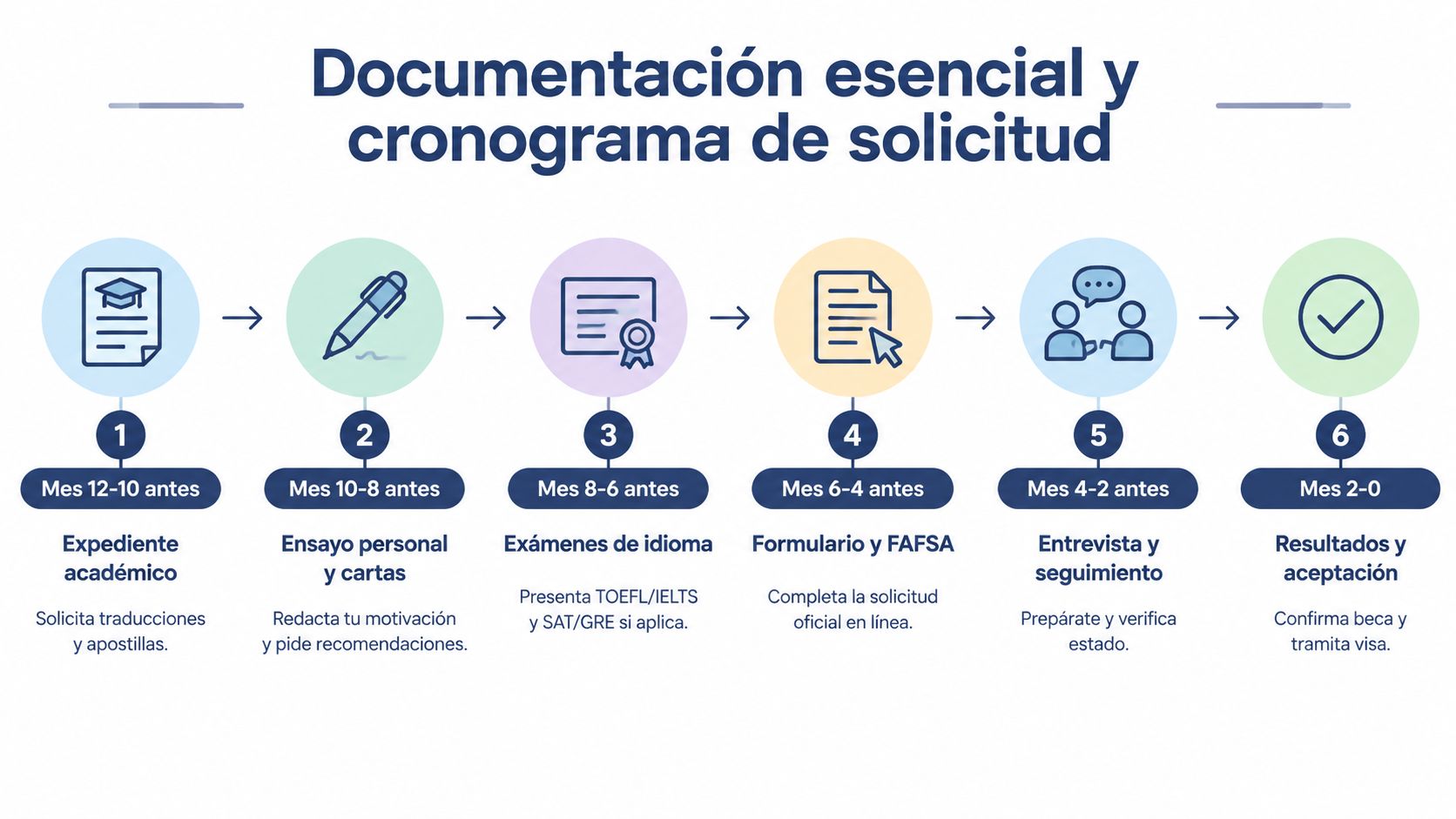 Cronograma de seis pasos que detalla la documentación necesaria para solicitar becas en Estados Unidos.