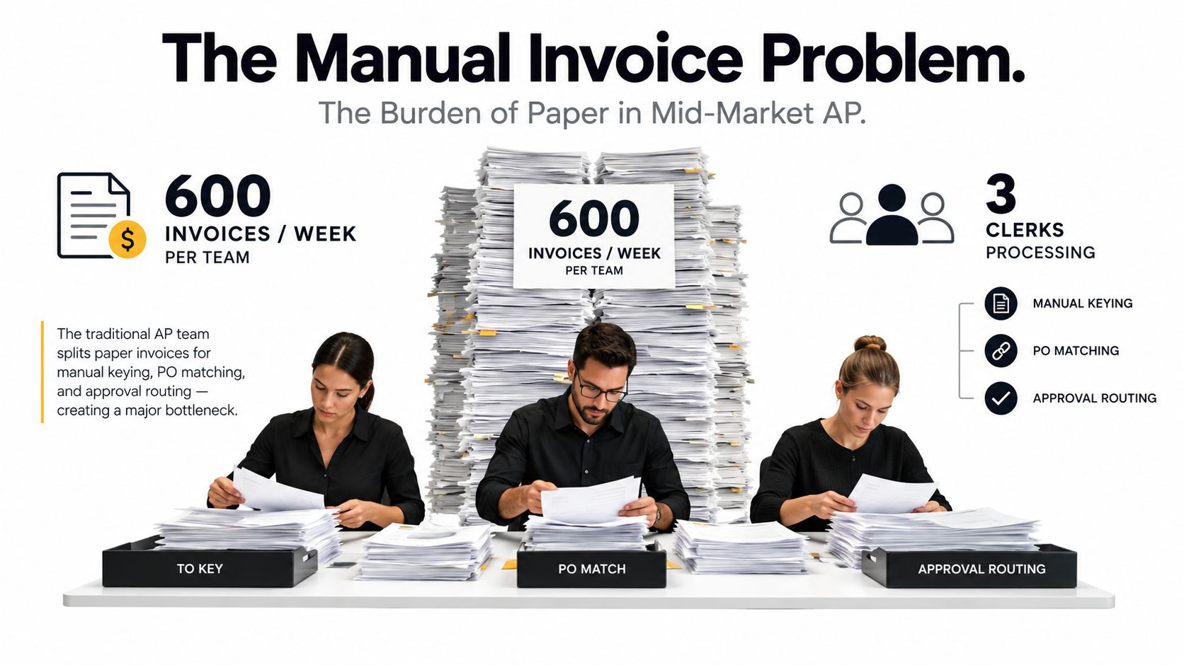 Three clerks manually processing a large stack of paper invoices, illustrating the inefficiency of traditional AP teams.
