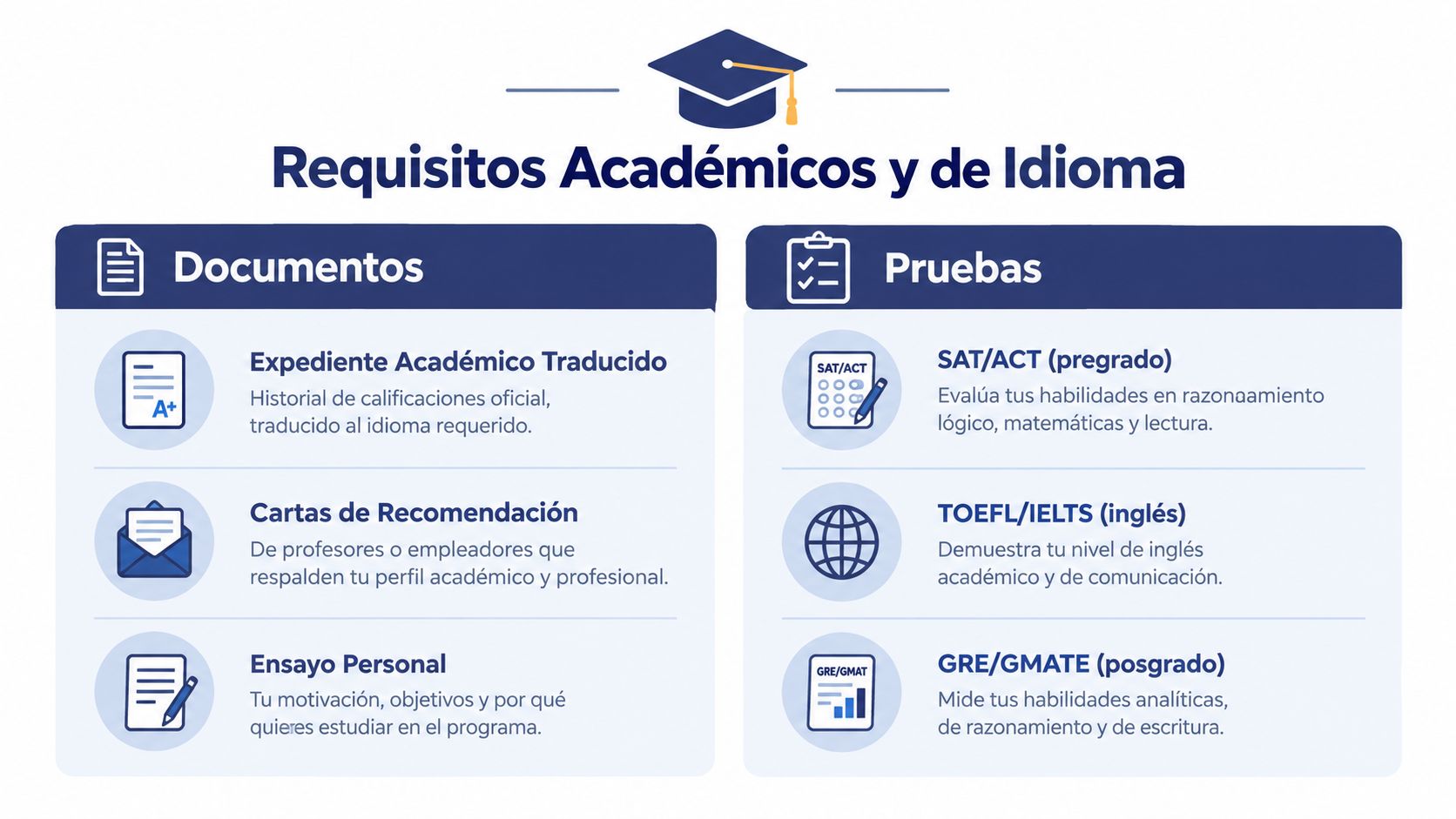 Infografía sobre los requisitos académicos y de idioma necesarios para estudiar en el extranjero, incluyendo documentos y exámenes.