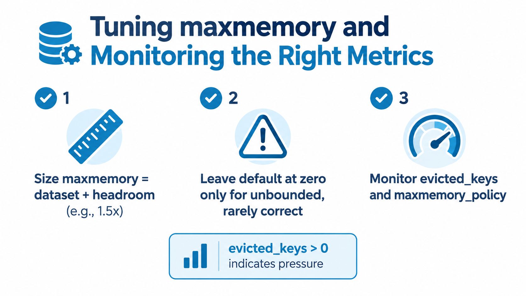 An infographic detailing how to tune Redis maxmemory settings and monitor key metrics for performance optimization.