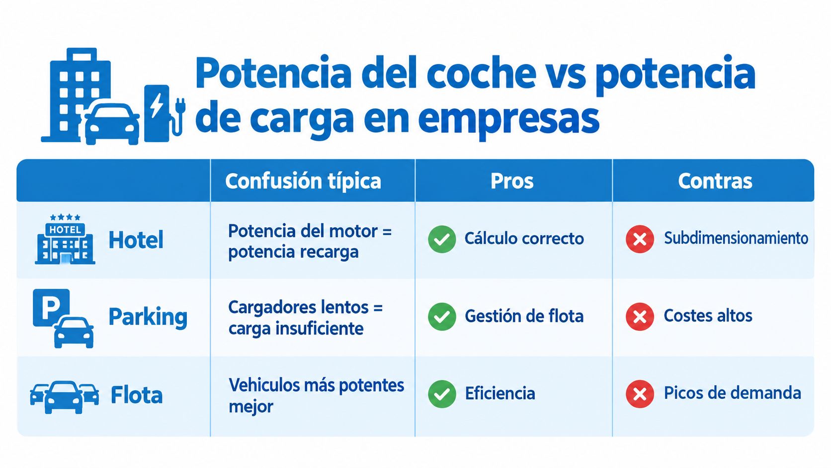 Tabla comparativa sobre la diferencia entre la potencia del vehículo y la potencia de carga en empresas.