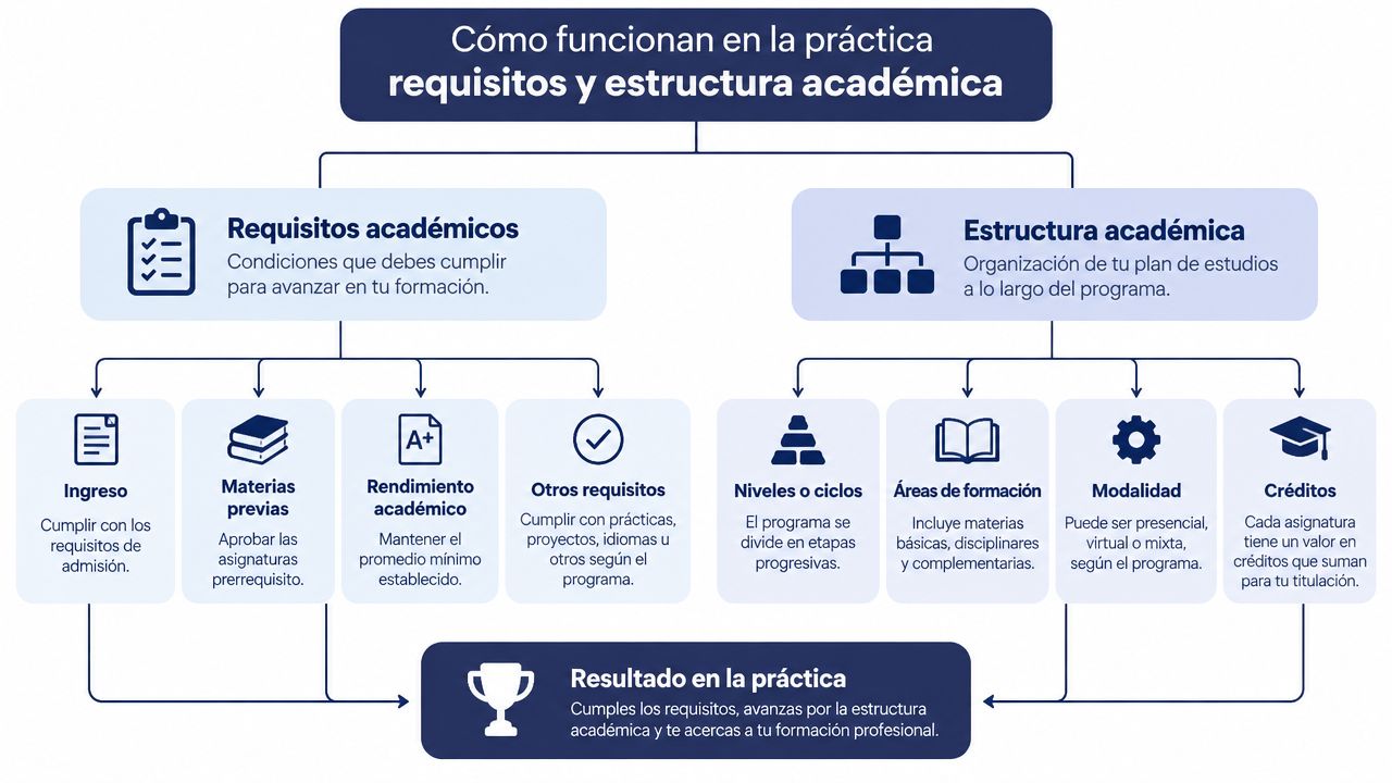 Diagrama explicativo sobre los requisitos académicos y la estructura de los programas educativos en la práctica.