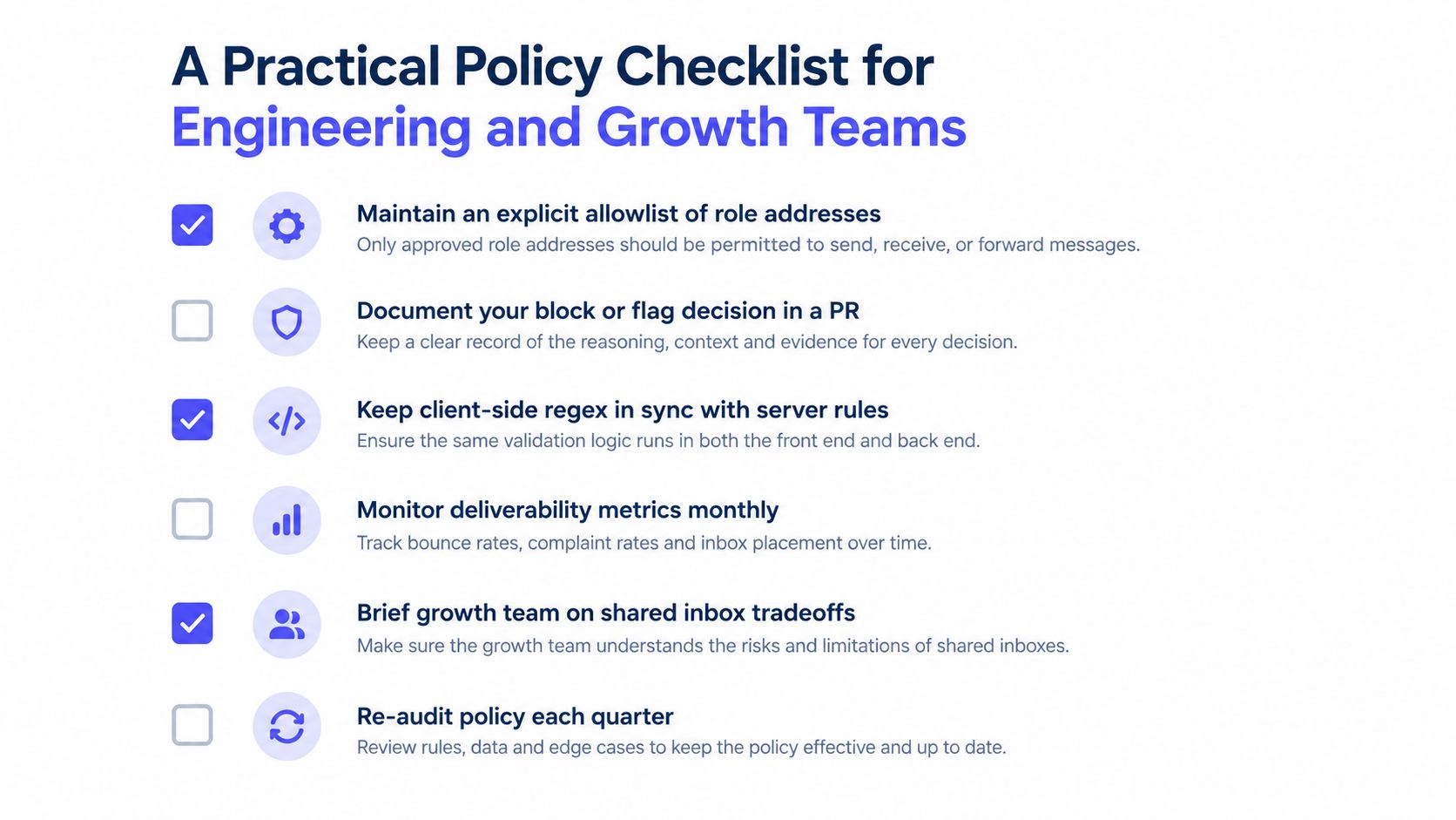 A checklist for engineering and growth teams on managing role based email addresses and messaging policies.
